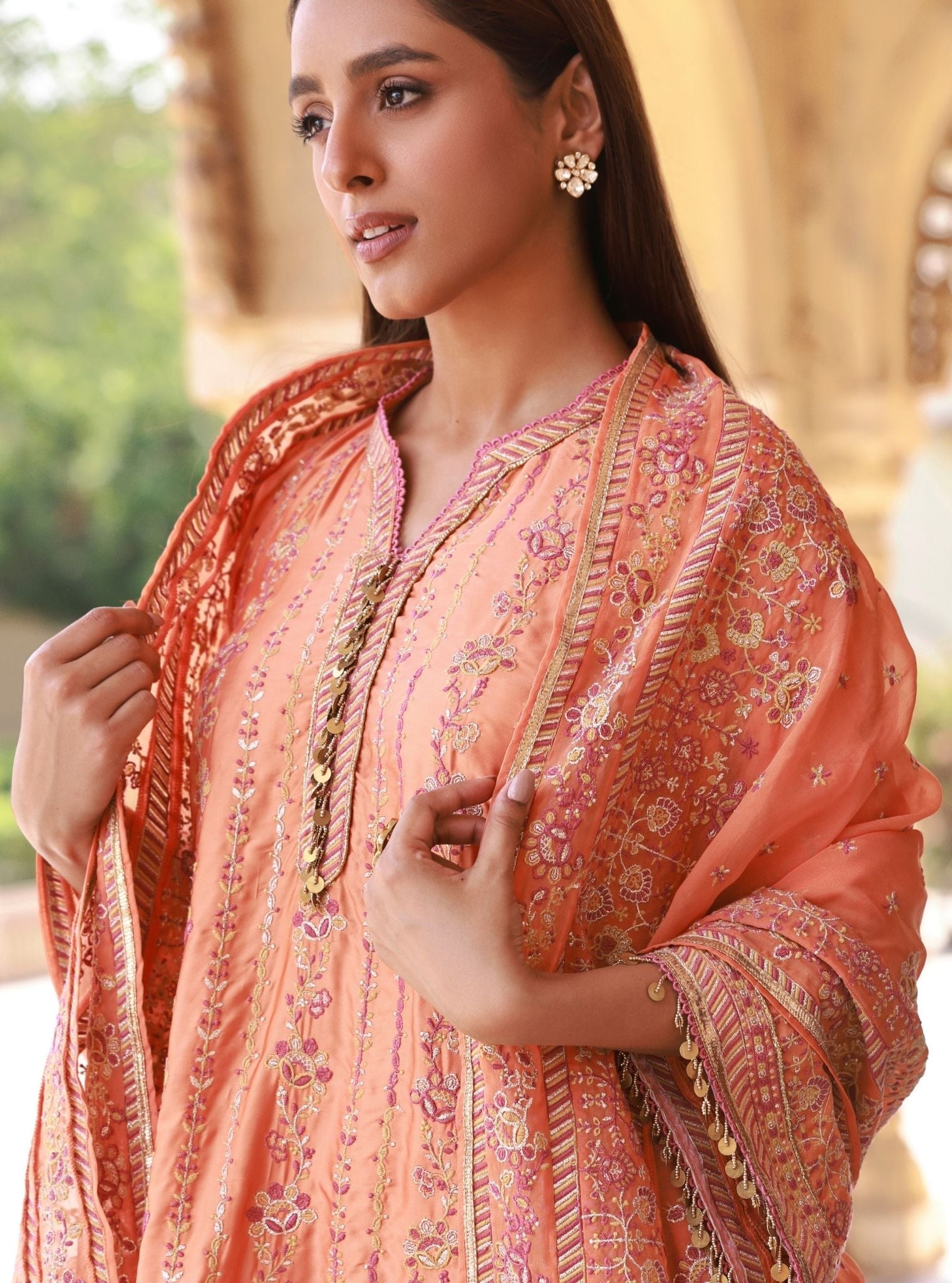 Pralika Bemberg Satin Orange Kurta With Farshi Salwar