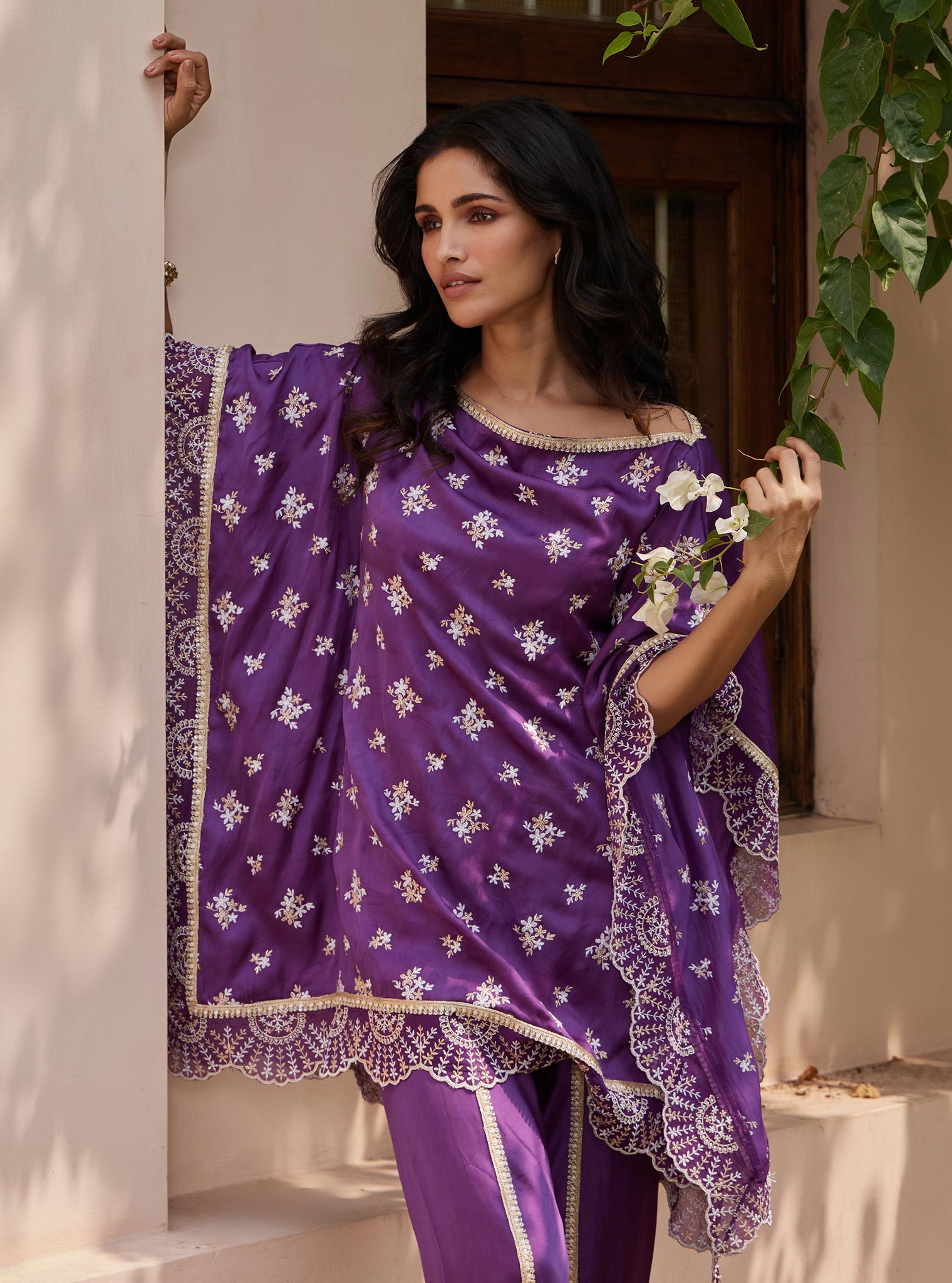 Kasuni Cupro Purple Kaftan with Dhoti Pant Set