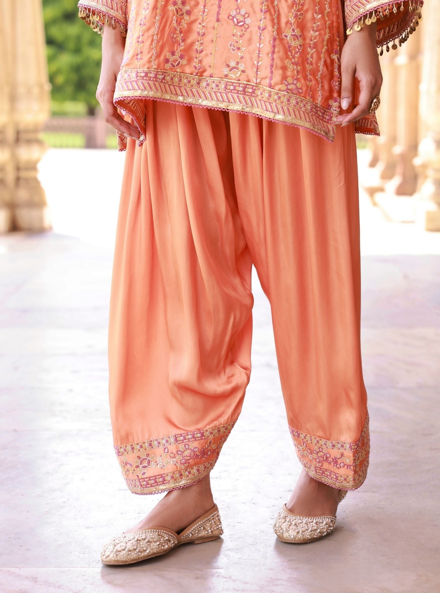 Pralika Bemberg Satin Orange Kurta With Farshi Salwar