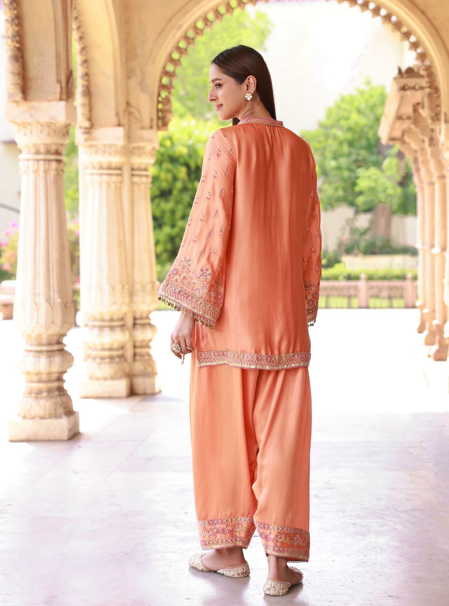 Pralika Bemberg Satin Orange Kurta With Farshi Salwar