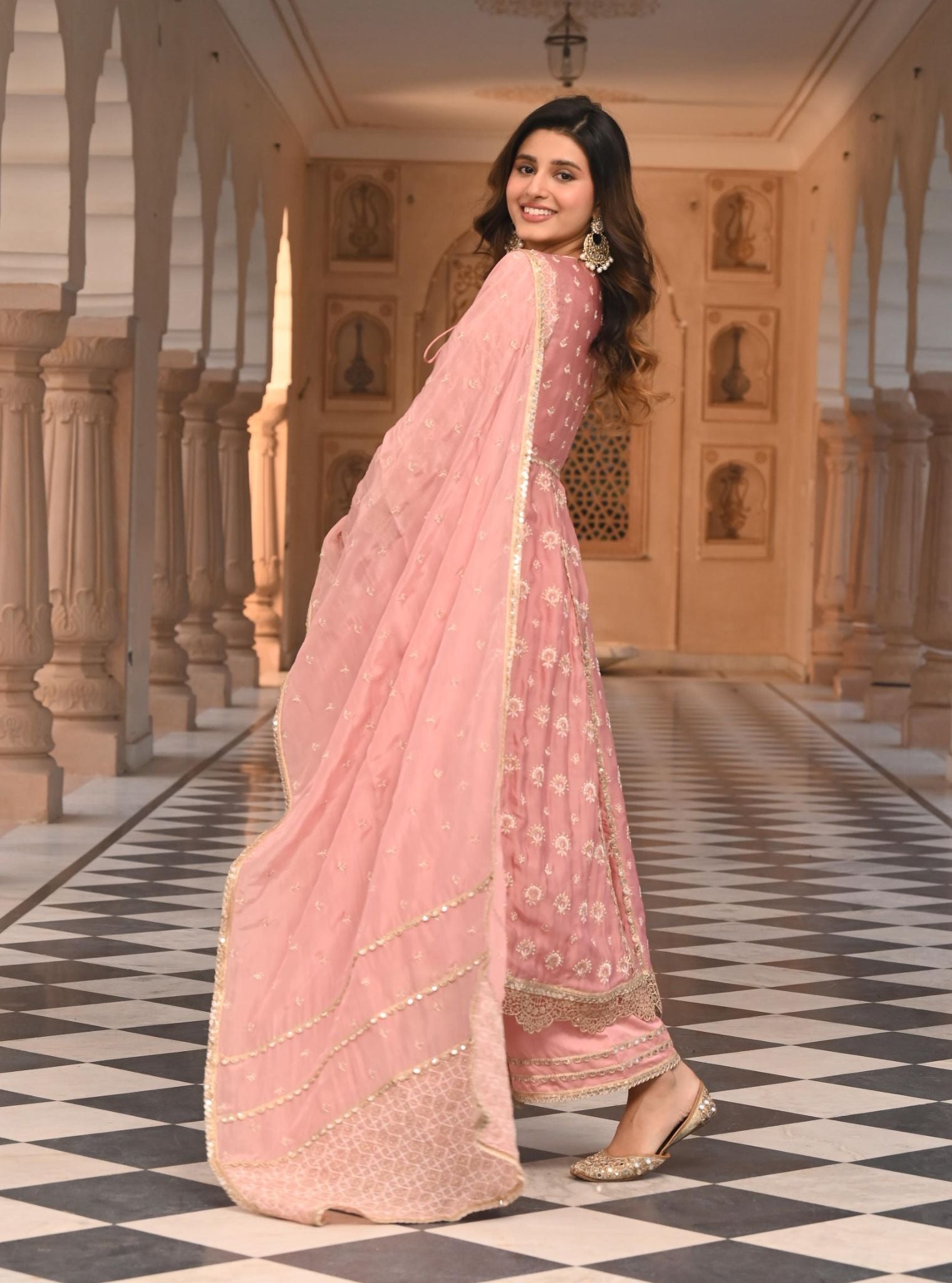 Navrai Organza Satin Light Pink Anarkali Kurta Set