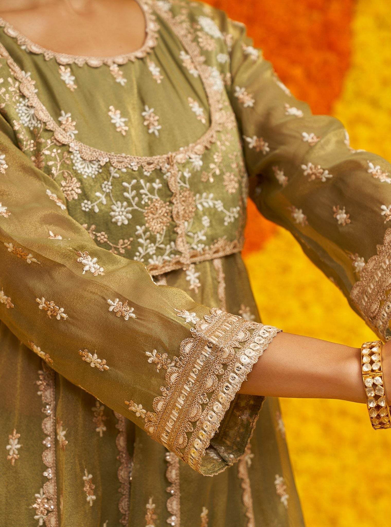 Genda Royal Tissue Sage Green Anarkali Kurta Set