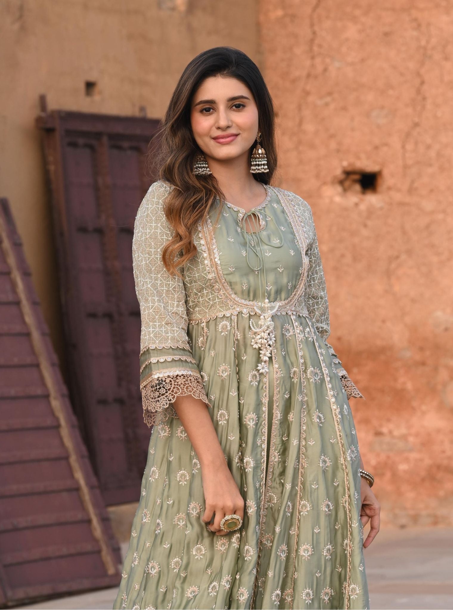 Navrai Organza Satin Sage Green Anarkali Kurta Set