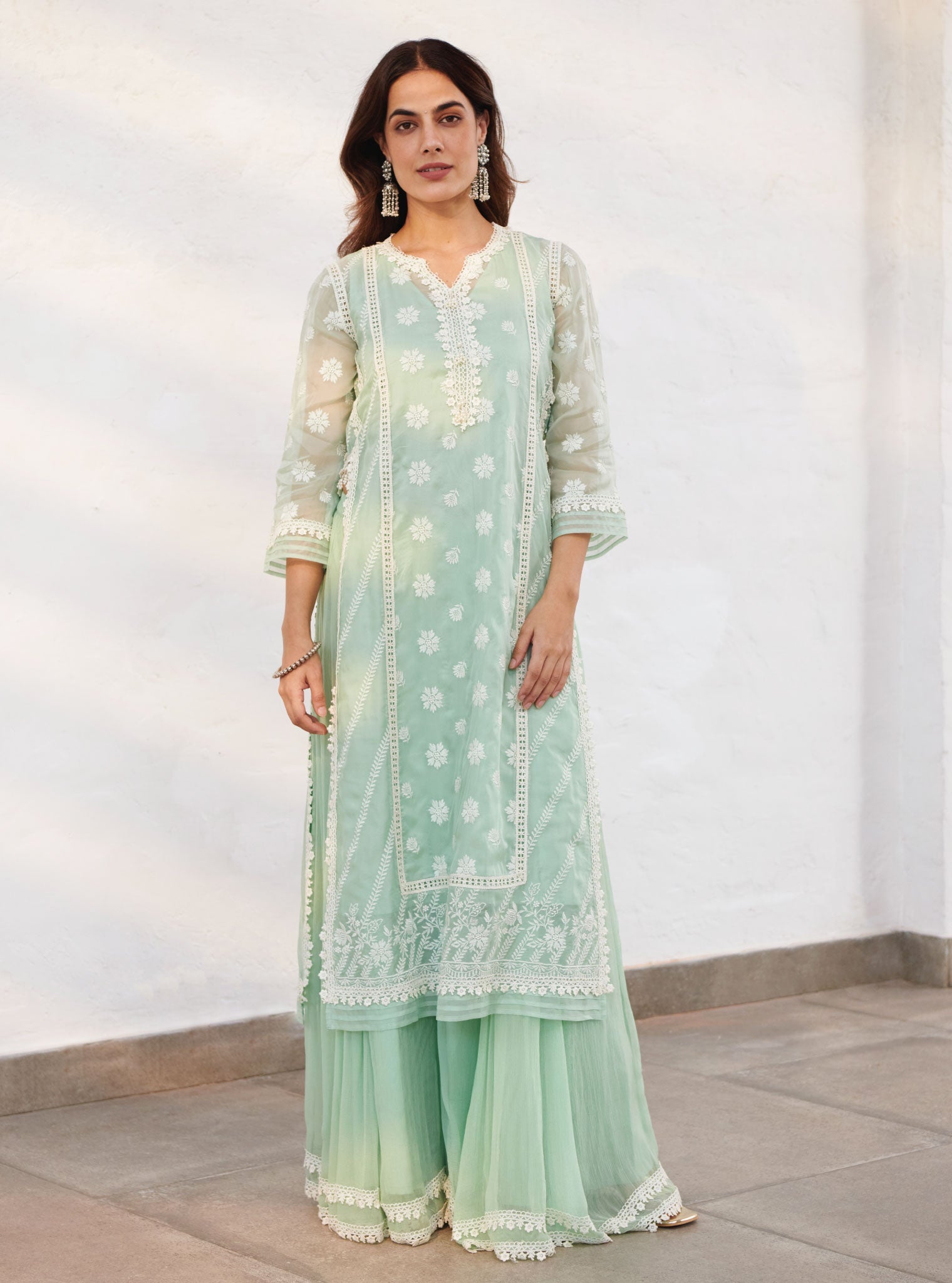 Armagh Organza Green Kurta with Sharara Set