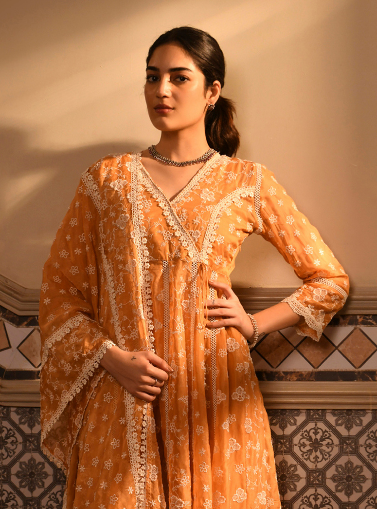 Bolour Organza Orange Anarkali Set