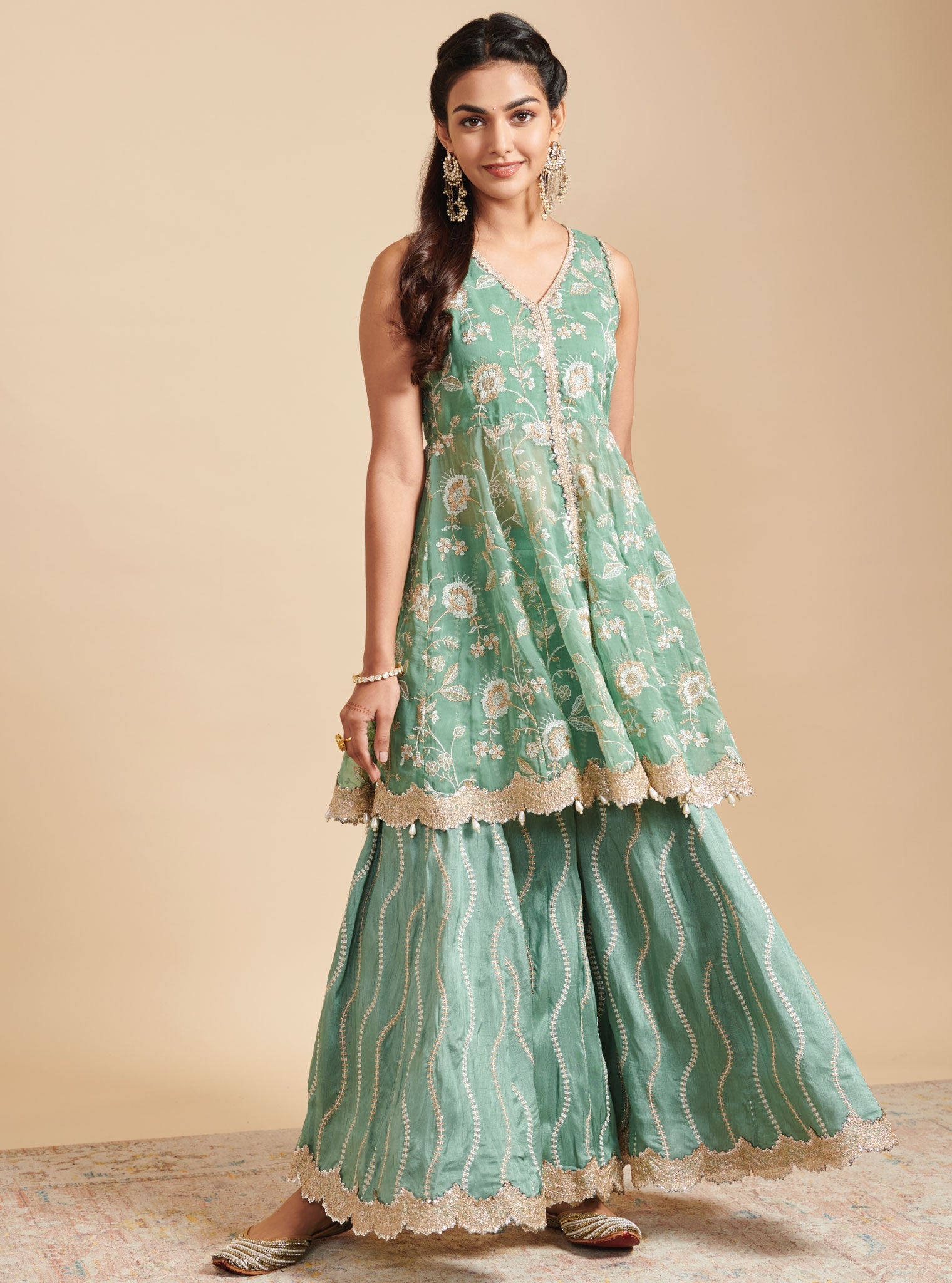 Lashkara Organza Short Anarkali Green Kurta with Sharara Set
