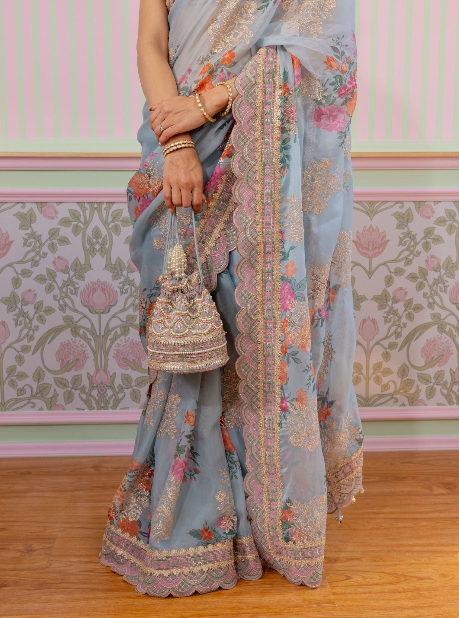 Swar Organza Printed Grey Blue Saree