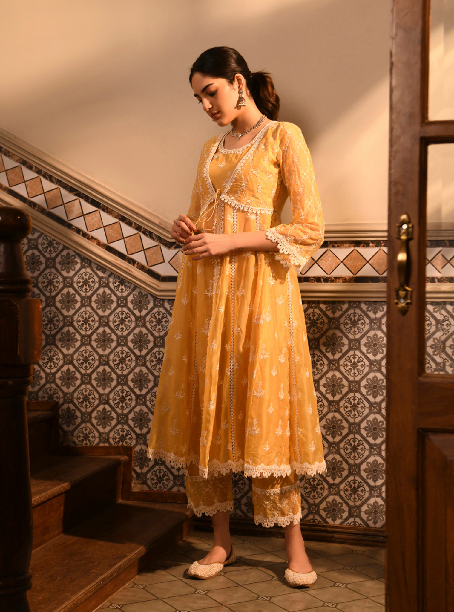 Nyla Organza Yellow Anarkali Kurta Set