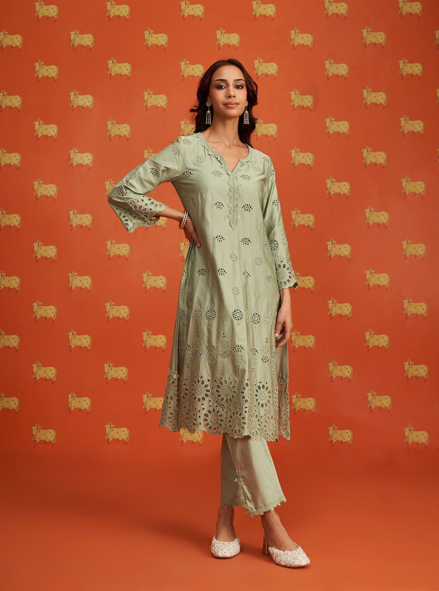 Pensri Pima Satin Green Kurta Set