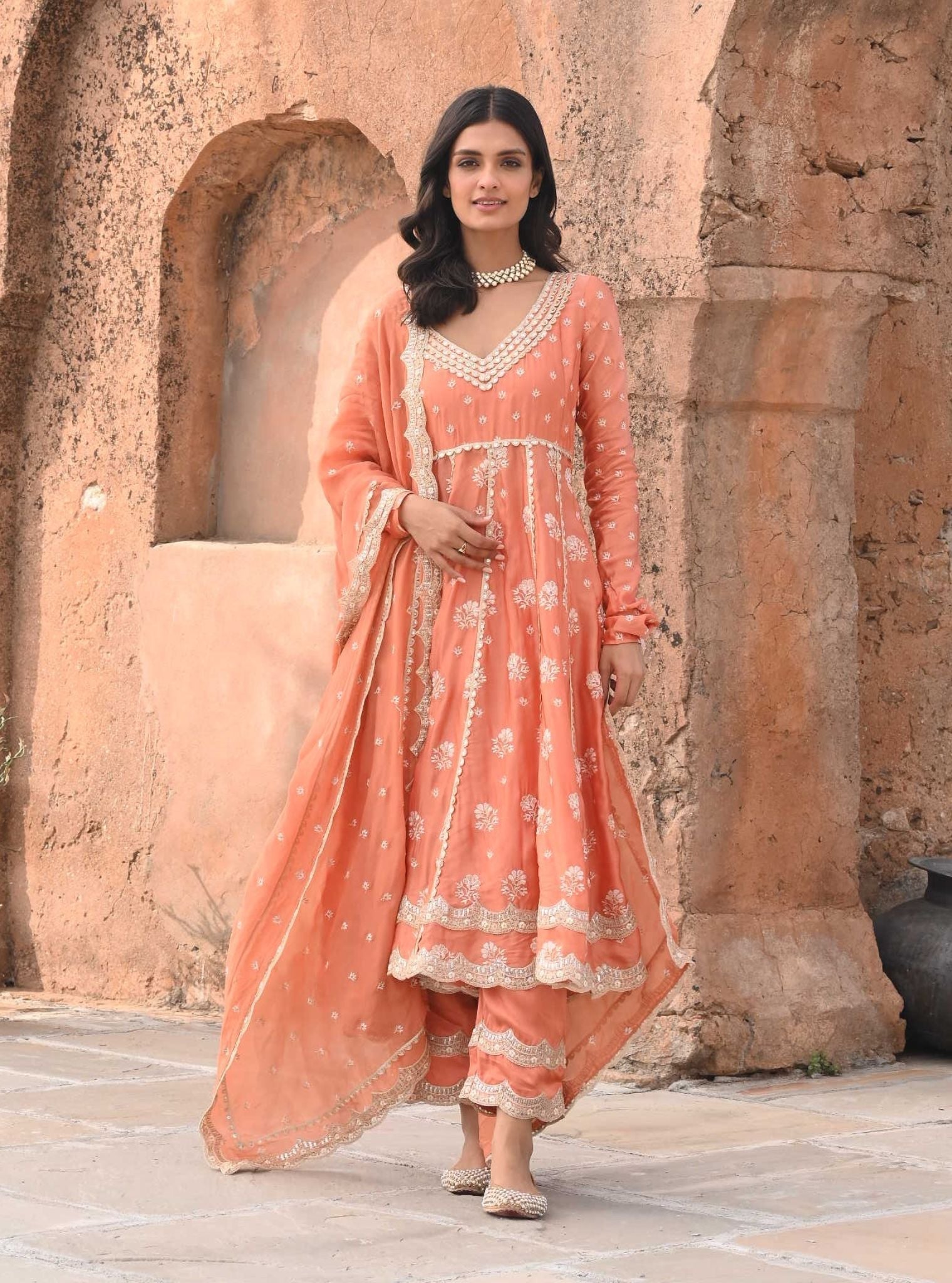 Tareefan Organza Satin Burnt Orange Anarkali Kurta Set