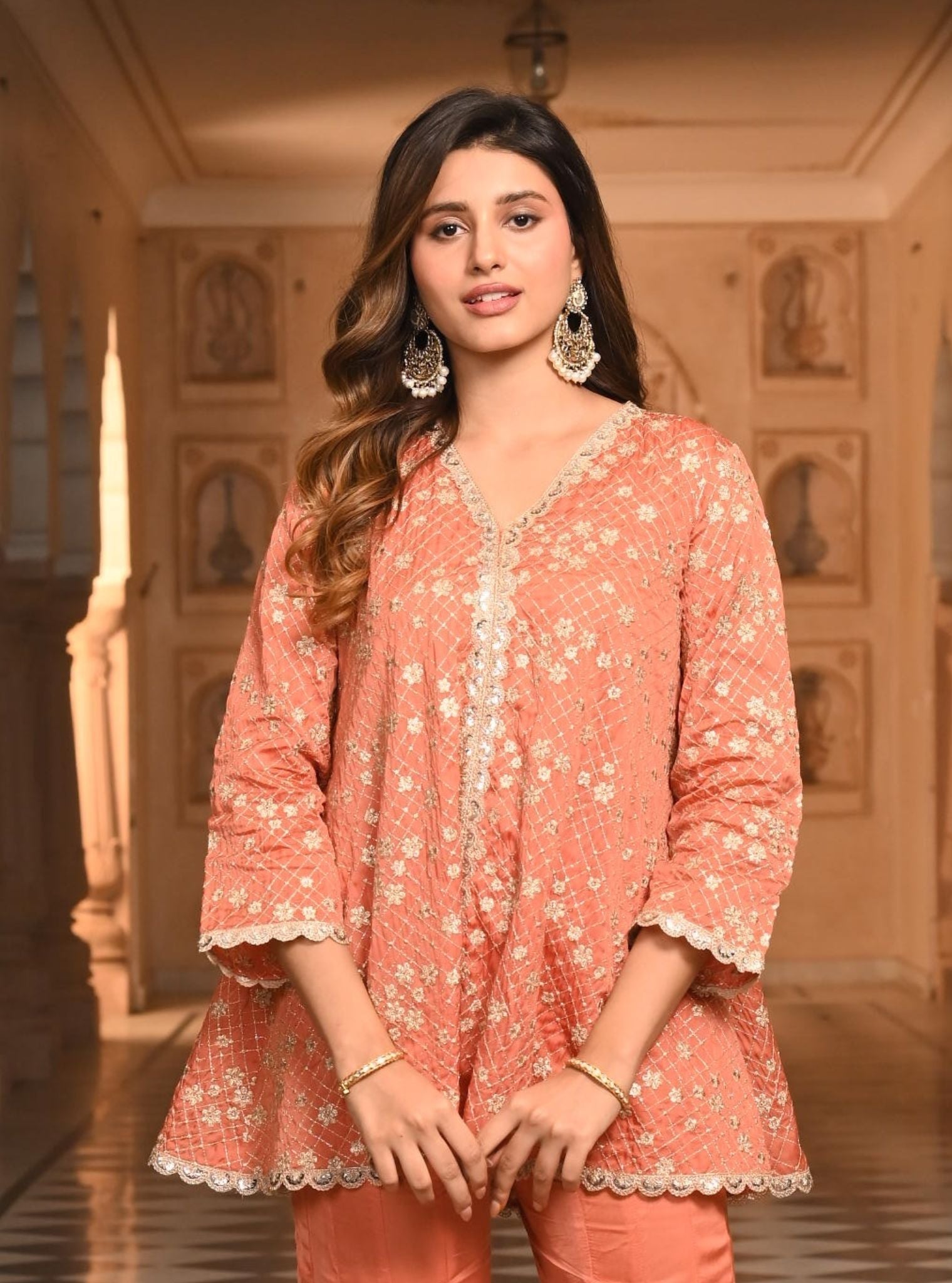 Afreen Organza Satin Burnt Orange Top with Sharara Set