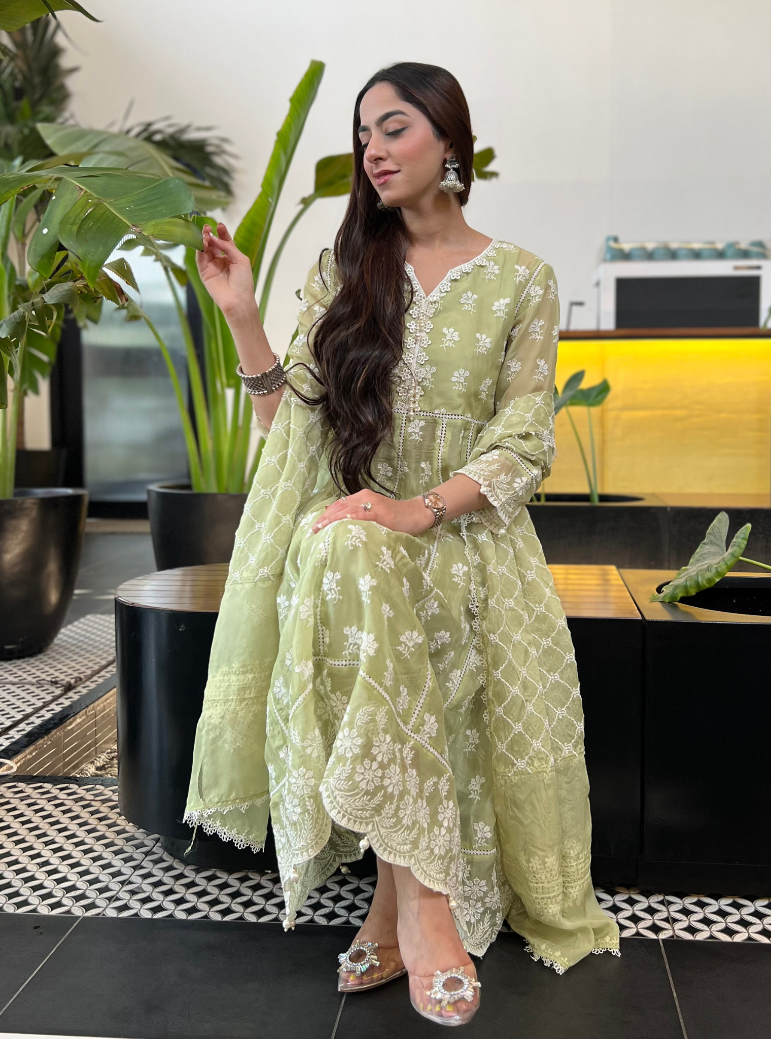 Surla Organza Green Anarkali Kurta Set