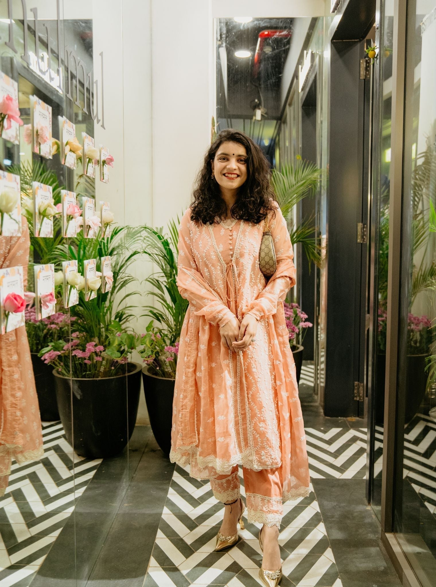 Kira Organza Peach Anarkali Kurta Set