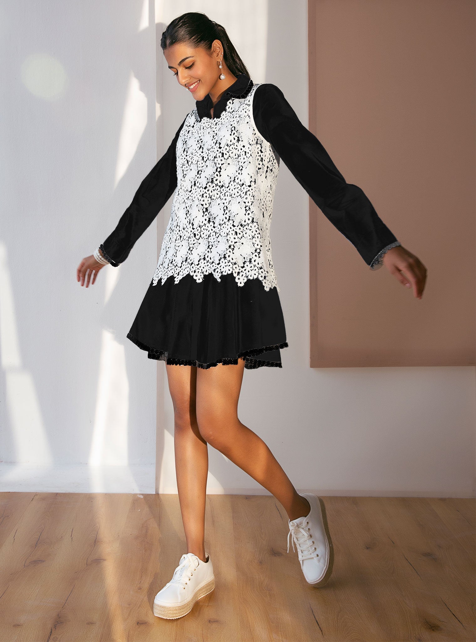 Celina Supima Cotton Black Dress with Guipure Layer