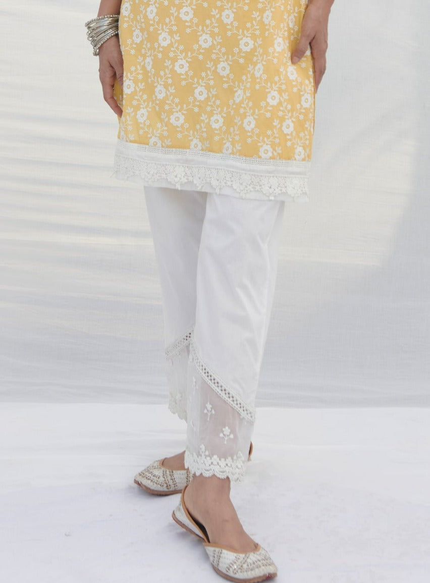 Mulmul Supima Cotton Applique Organza Panel White Pant