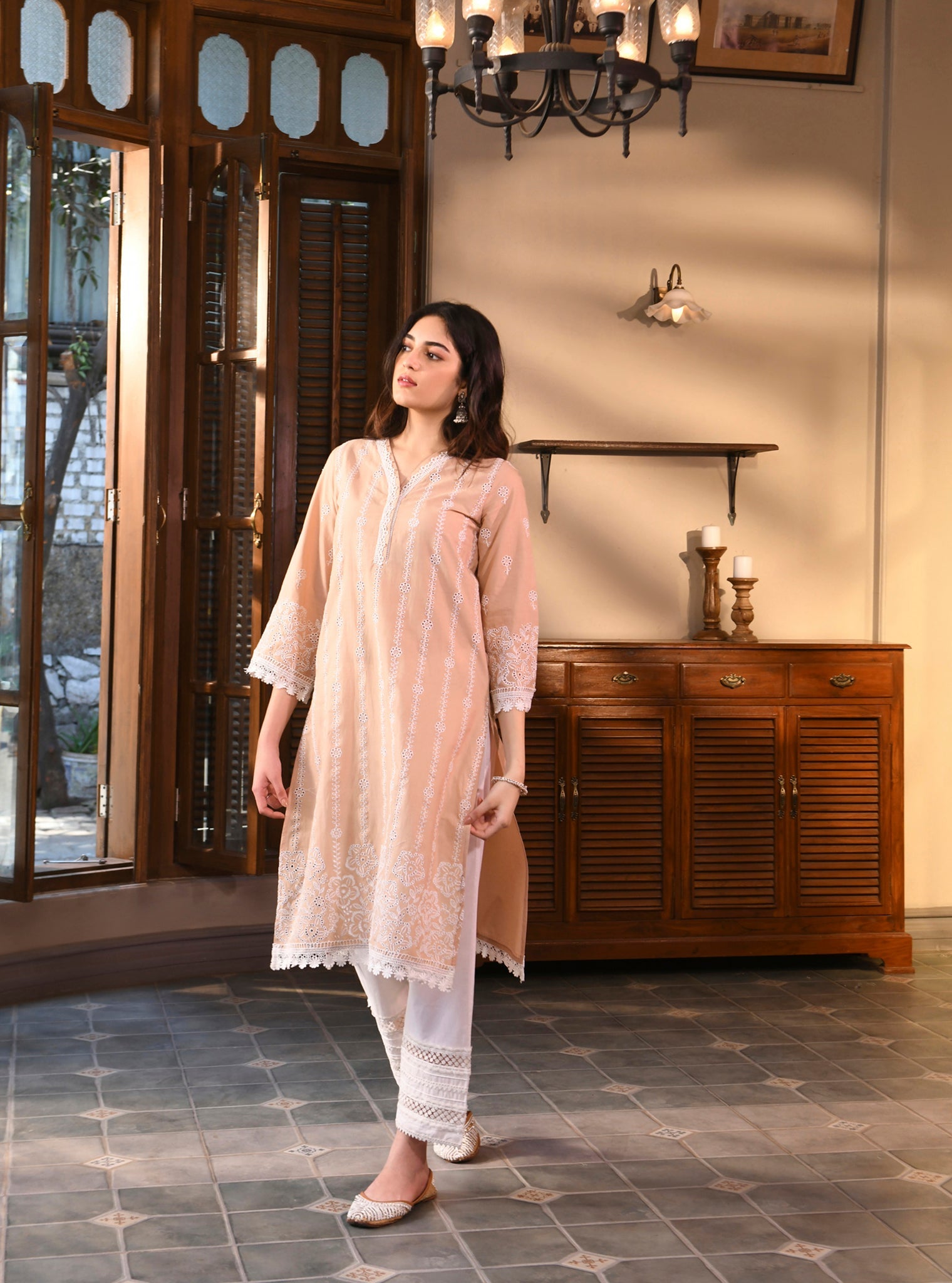 Mulmul Supima Cotton Floral Ladder Slim White Pant