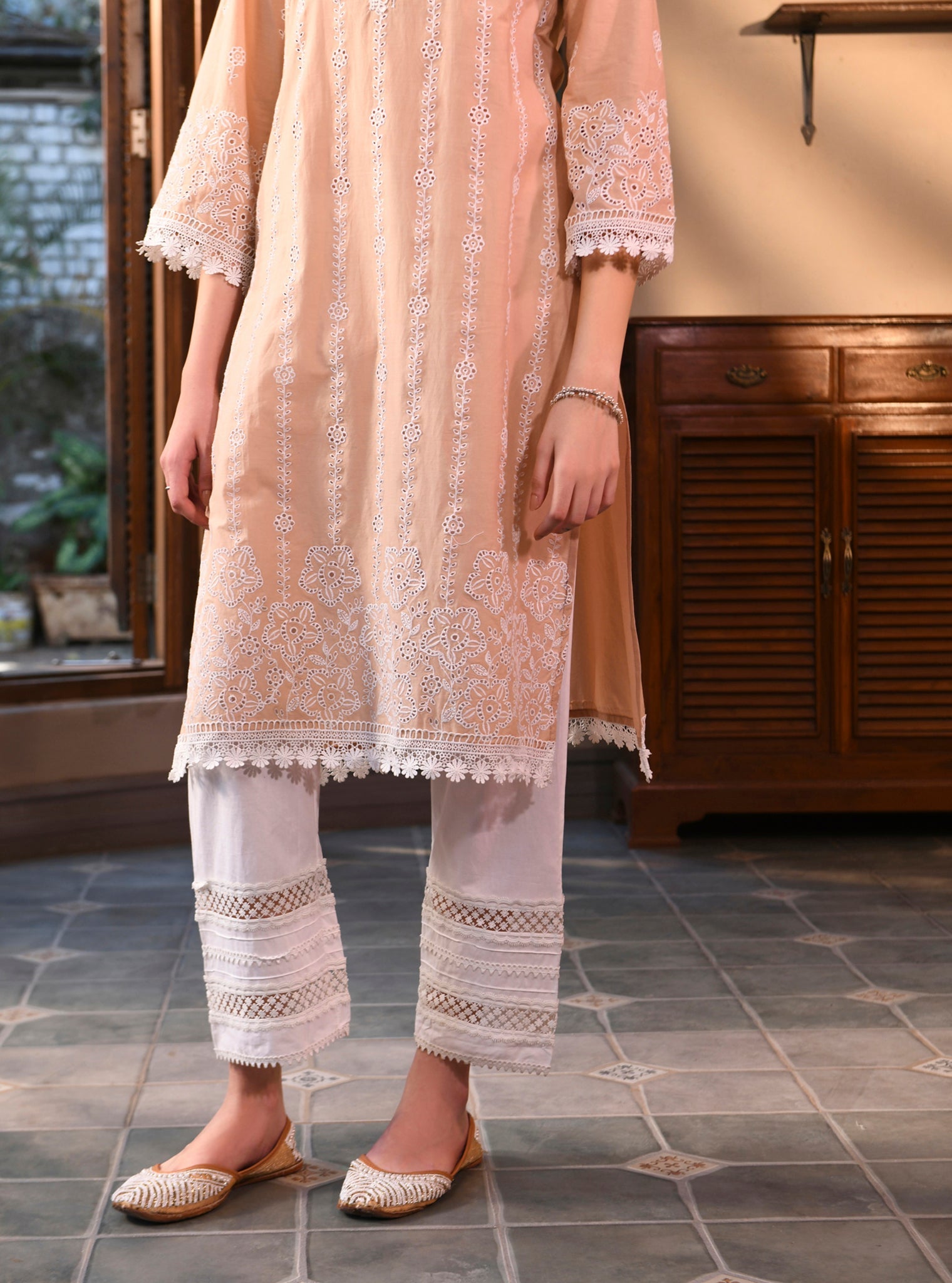 Mulmul Supima Cotton Floral Ladder Slim White Pant