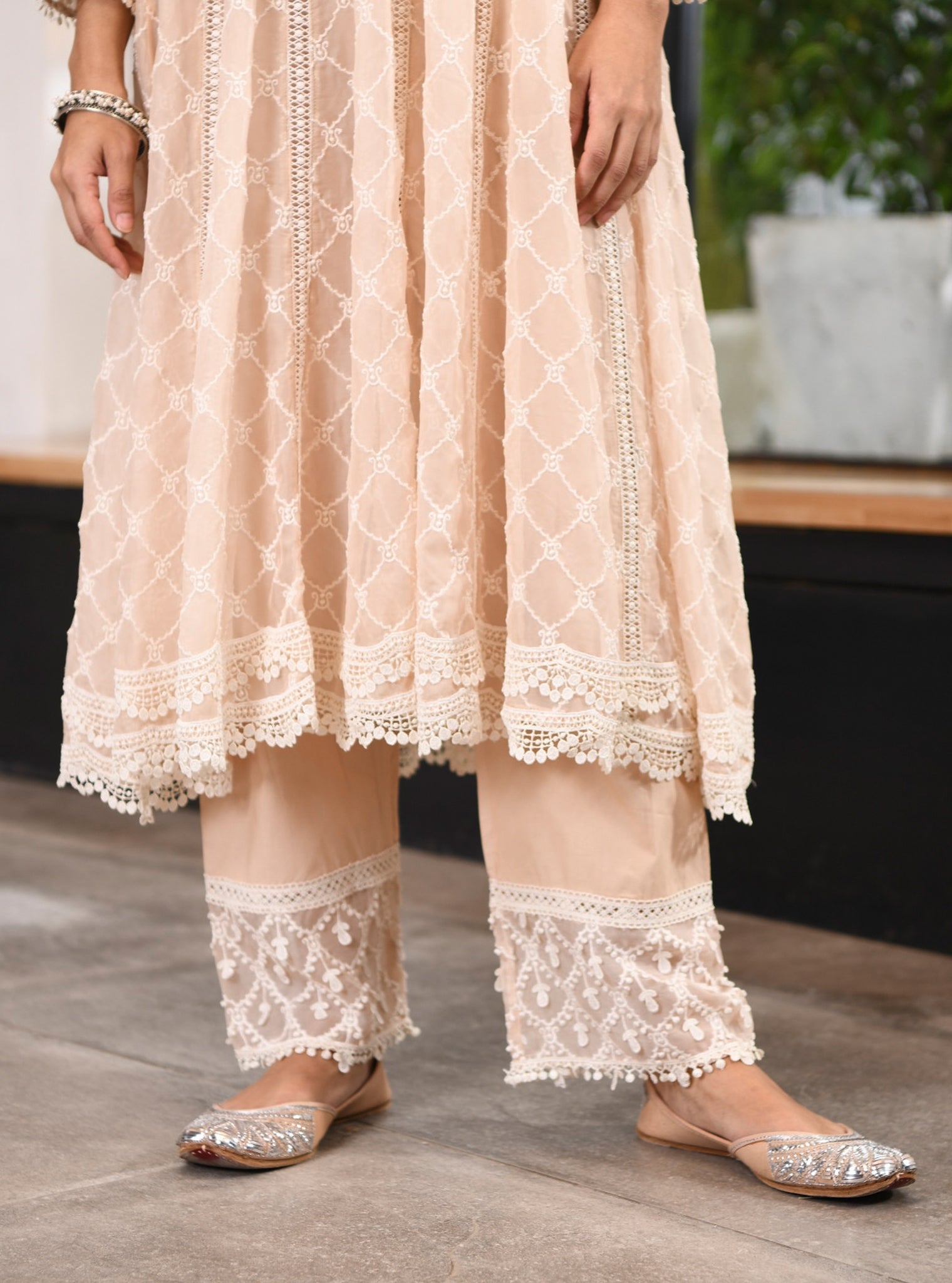 Dori Organza Beige Anarkali Kurta Set