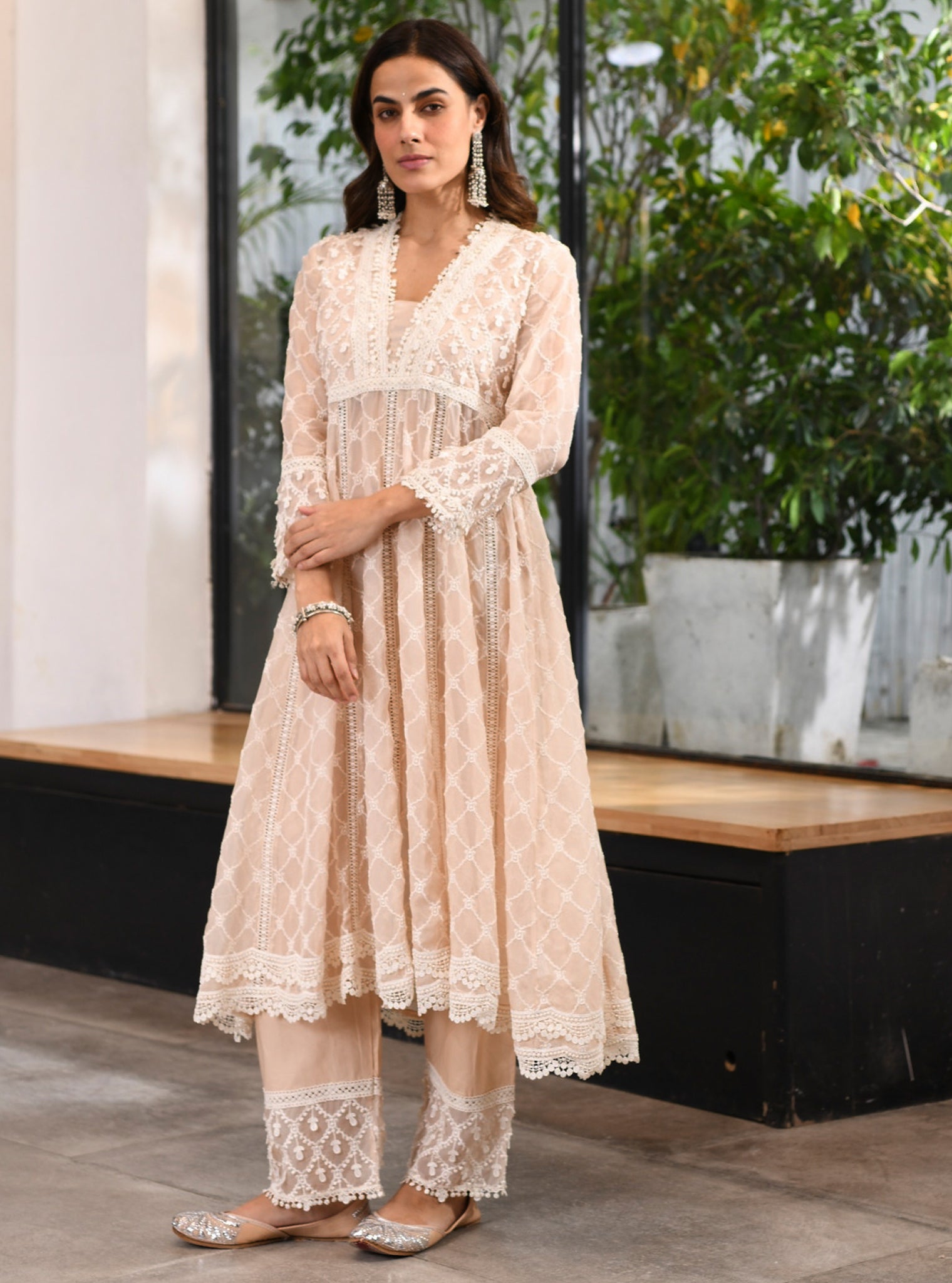 Dori Organza Beige Anarkali Kurta Set