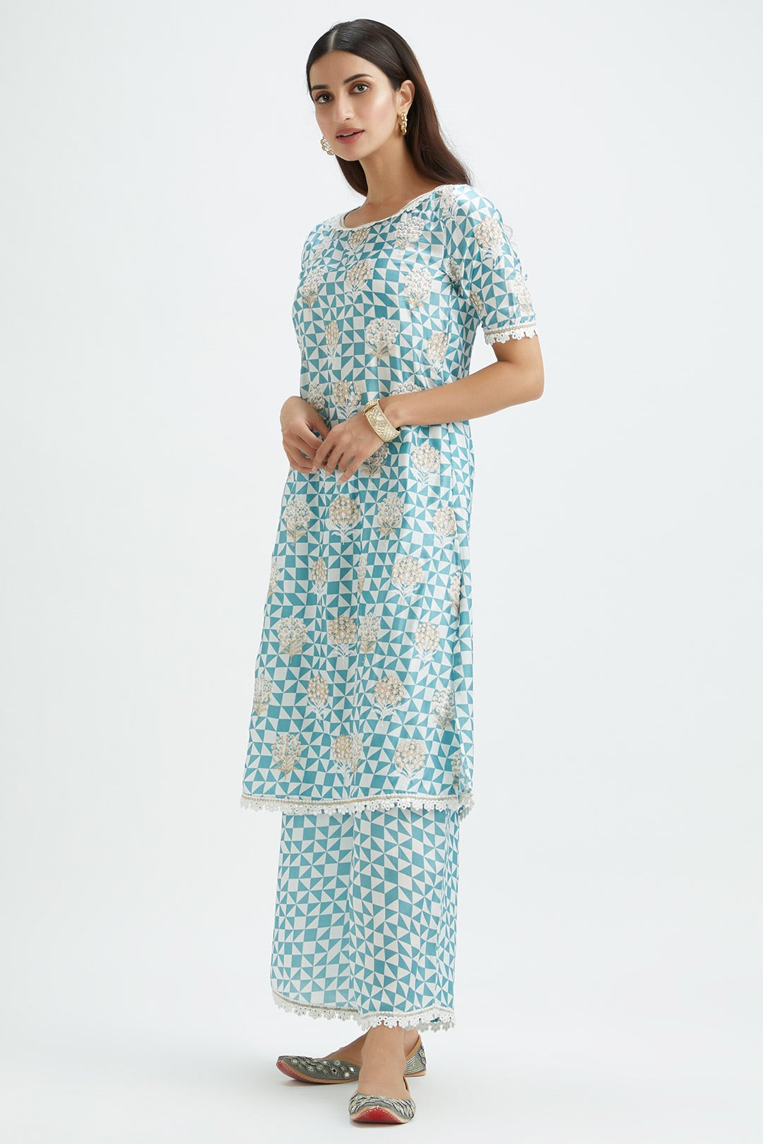 Dover Cupro Silk Teal Kurta Set