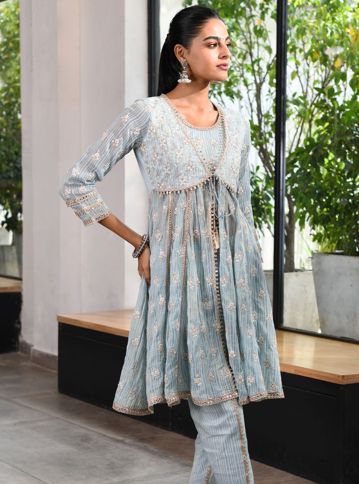 Mulmul Banarsi Finsbury Short Blue Anarkali Kurta
