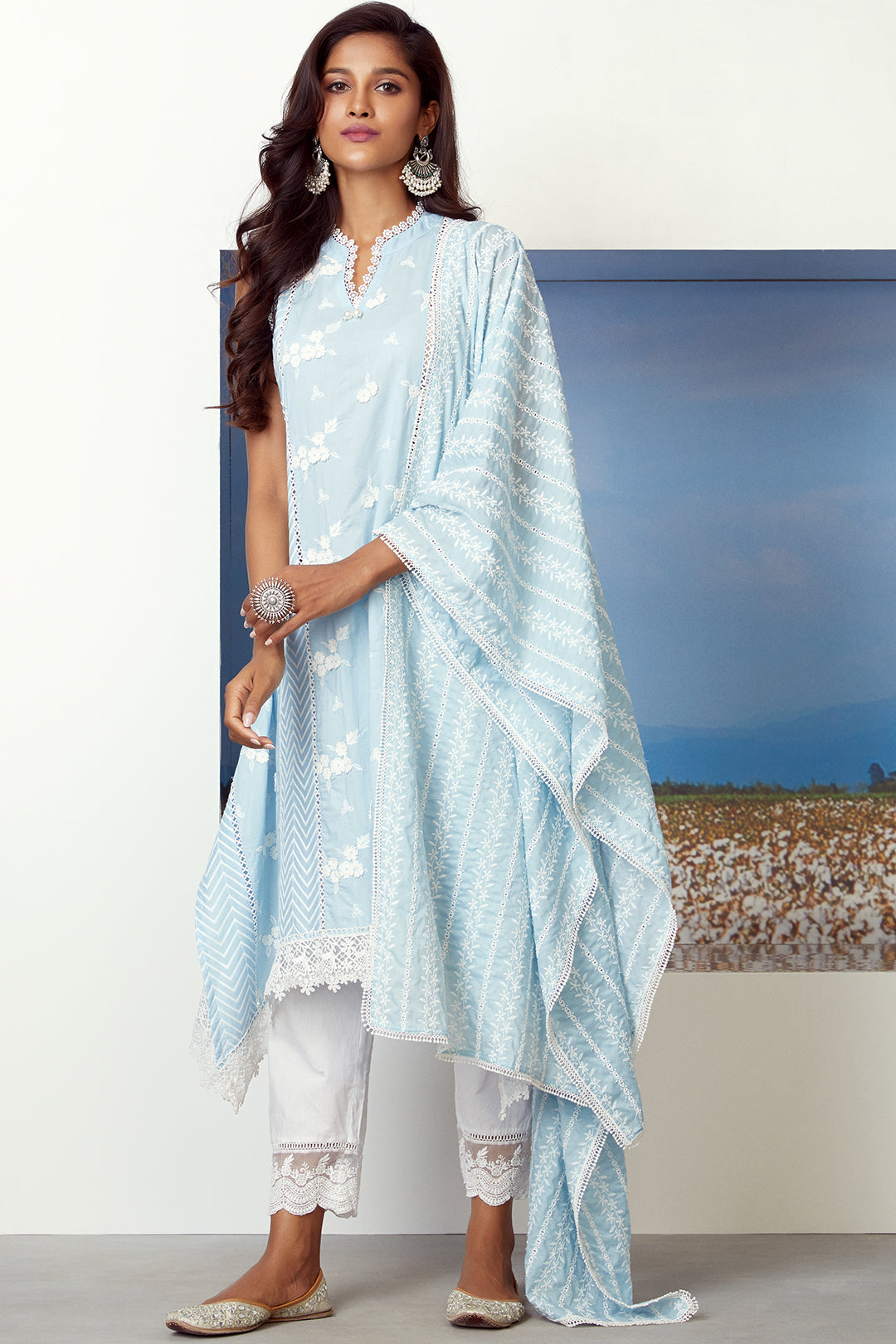 Mulmul Supima Cotton Glory Light Blue Kurta