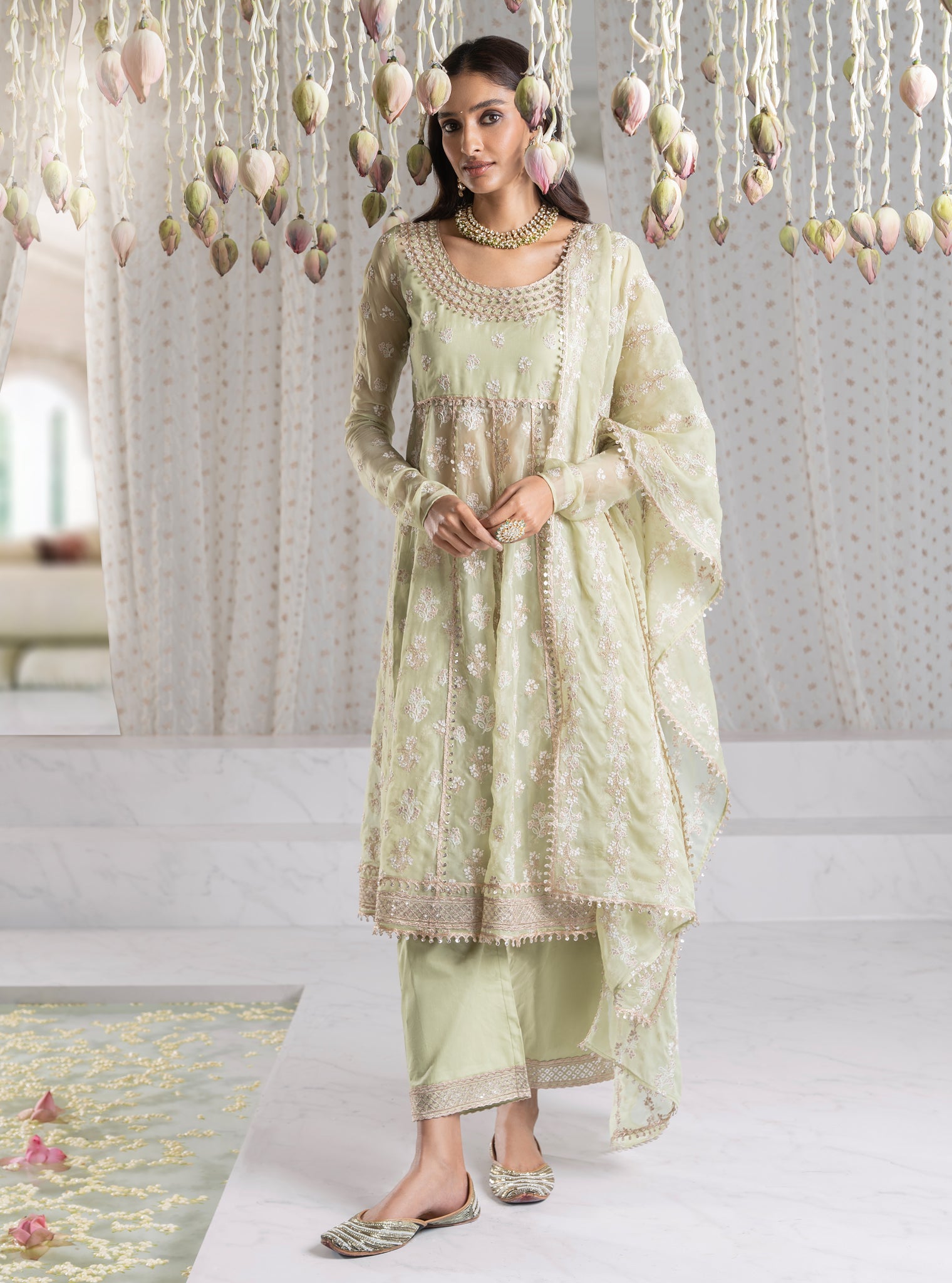 Iktara Organza Green Anarkali Kurta Set
