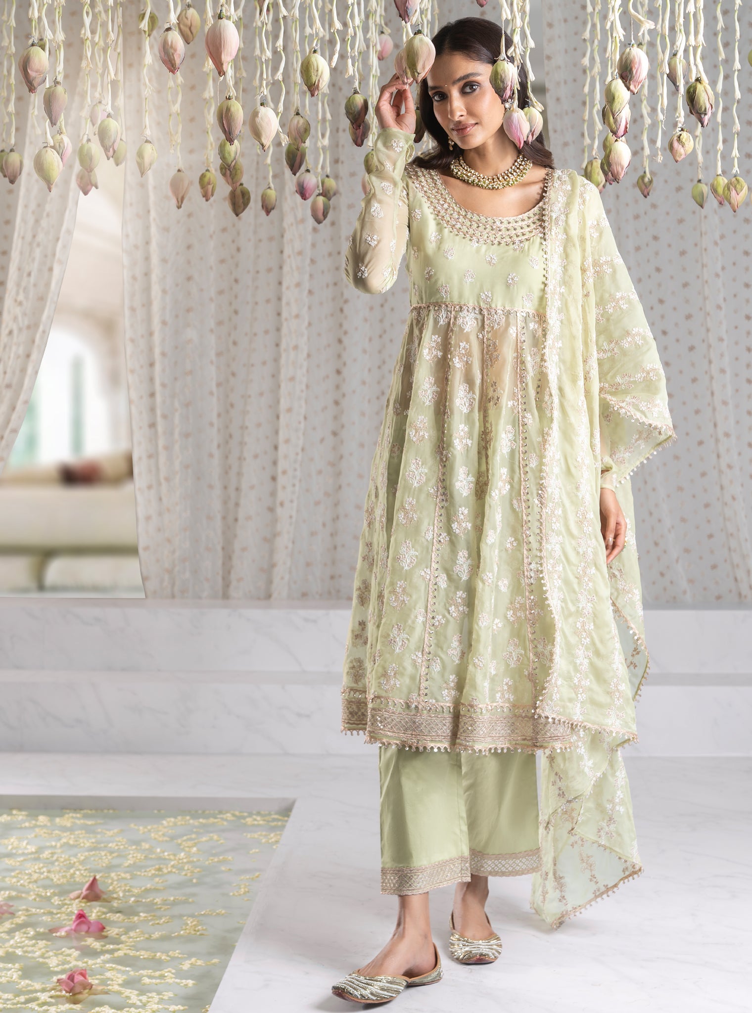 Iktara Organza Green Anarkali Kurta Set