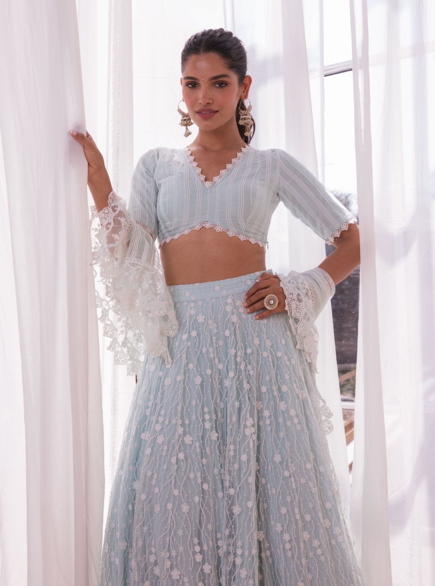 Kasauli Net Blue Lehenga