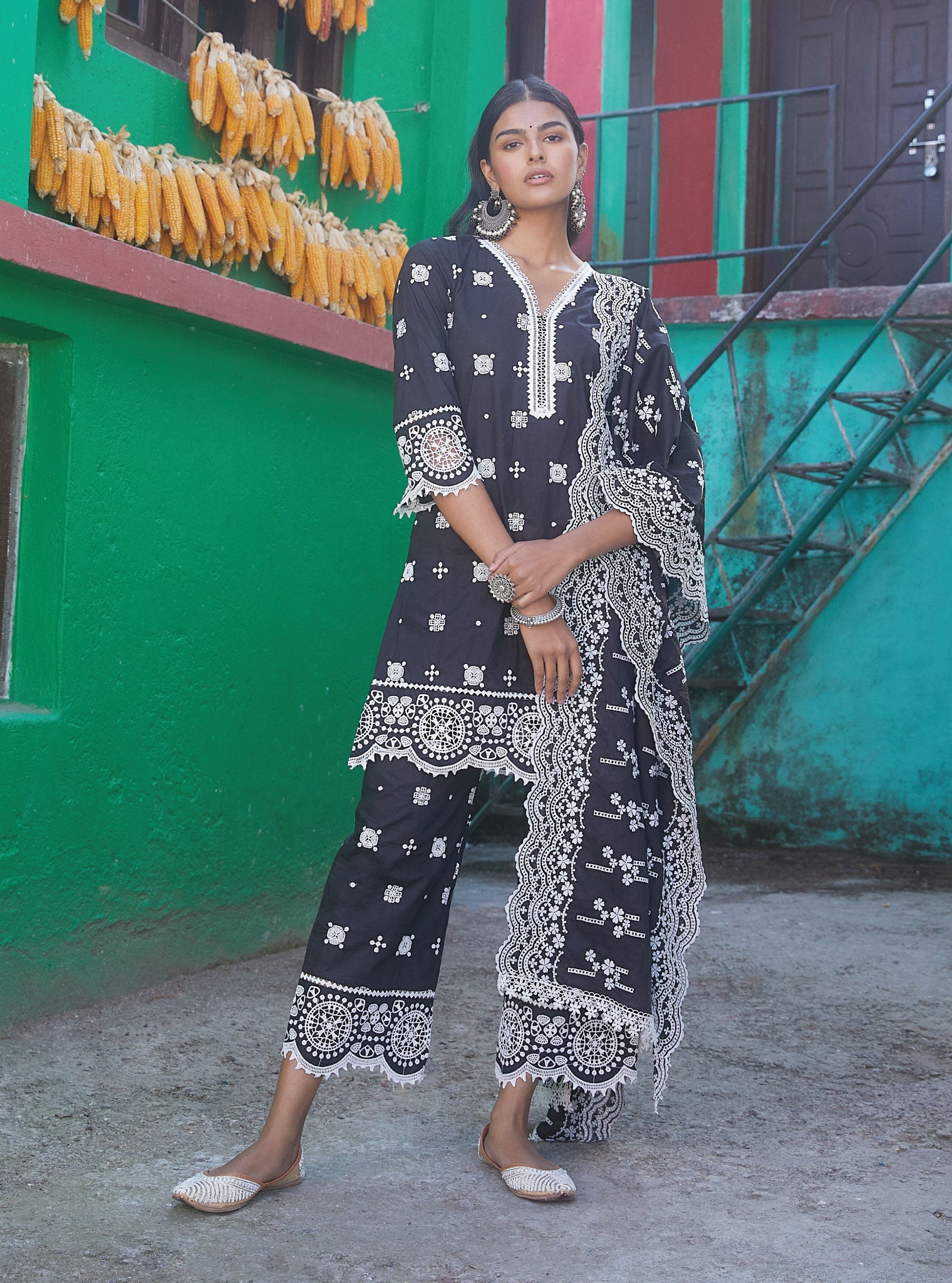 Leh Supima Cotton Black Kurta with Palazzo Set