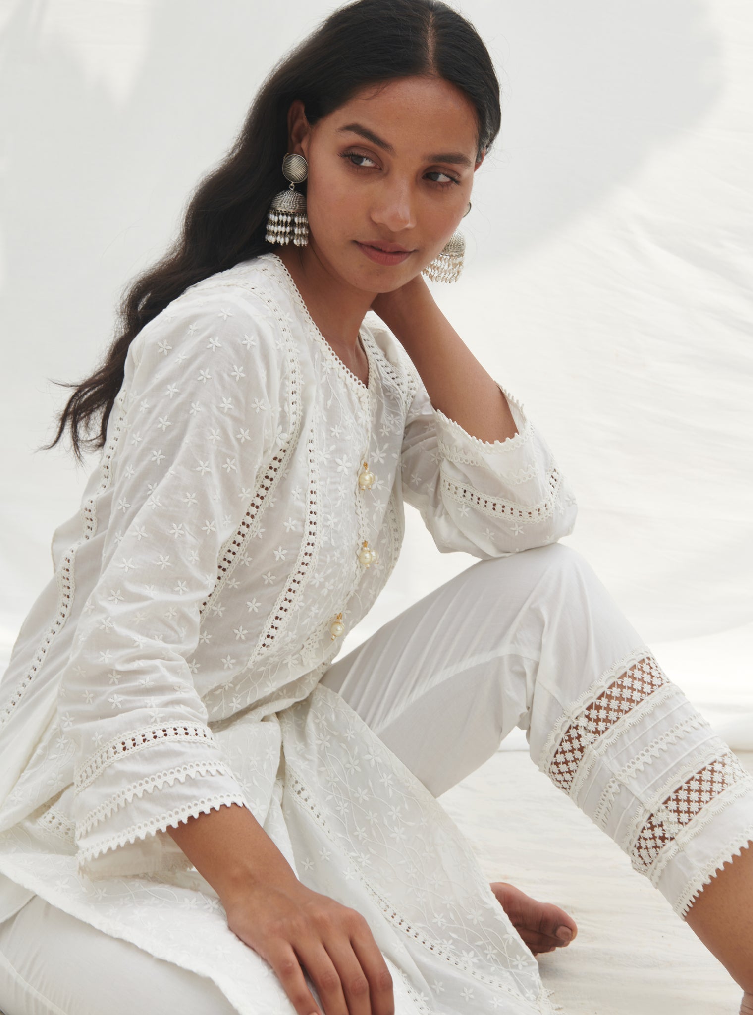 Mulmul Supima Cotton Floral Ladder Slim White Pant