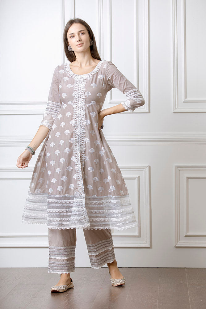 Lotus Grey Anarkali Kurta with Palazzo Set