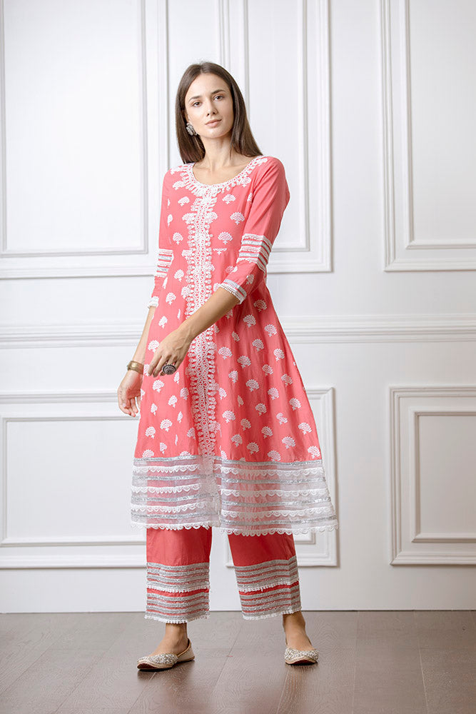 Lotus Red Anarkali Kurta with Palazzo Set