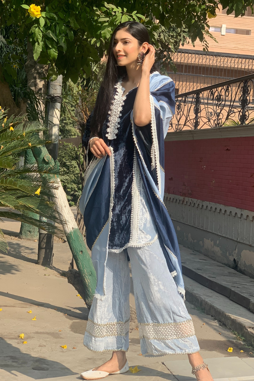 Makhmal Olive Kurta With Birch Blue Pyajama