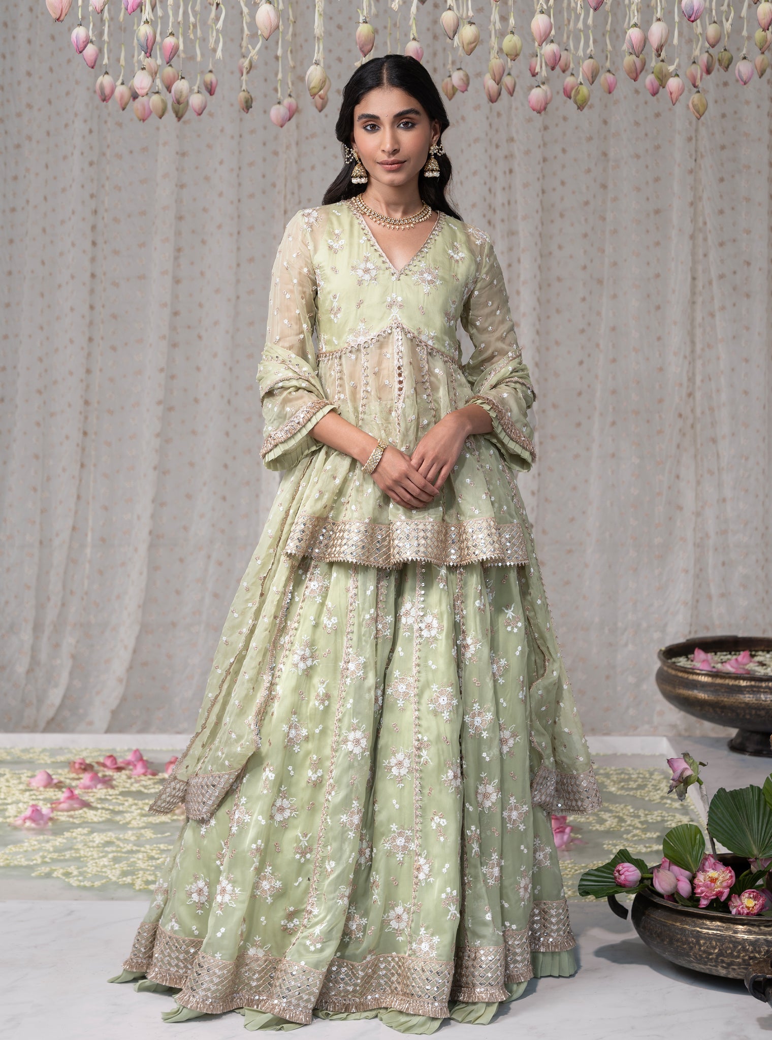 Rajnigandha Organza Short Anarkali Green Kurta with Lehenga Set