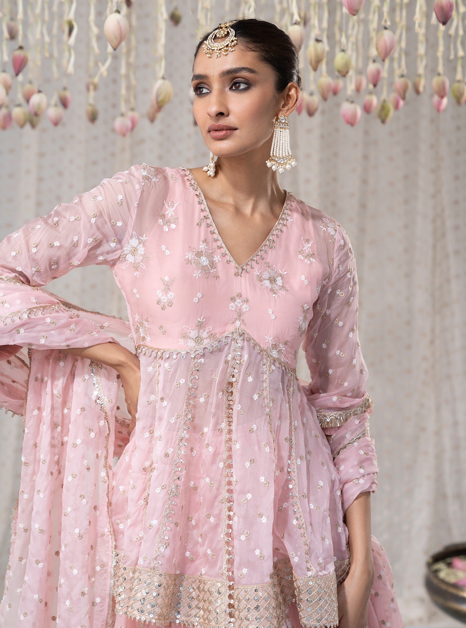 Rajnigandha Organza Short Anarkali Pink Kurta with Lehenga Set