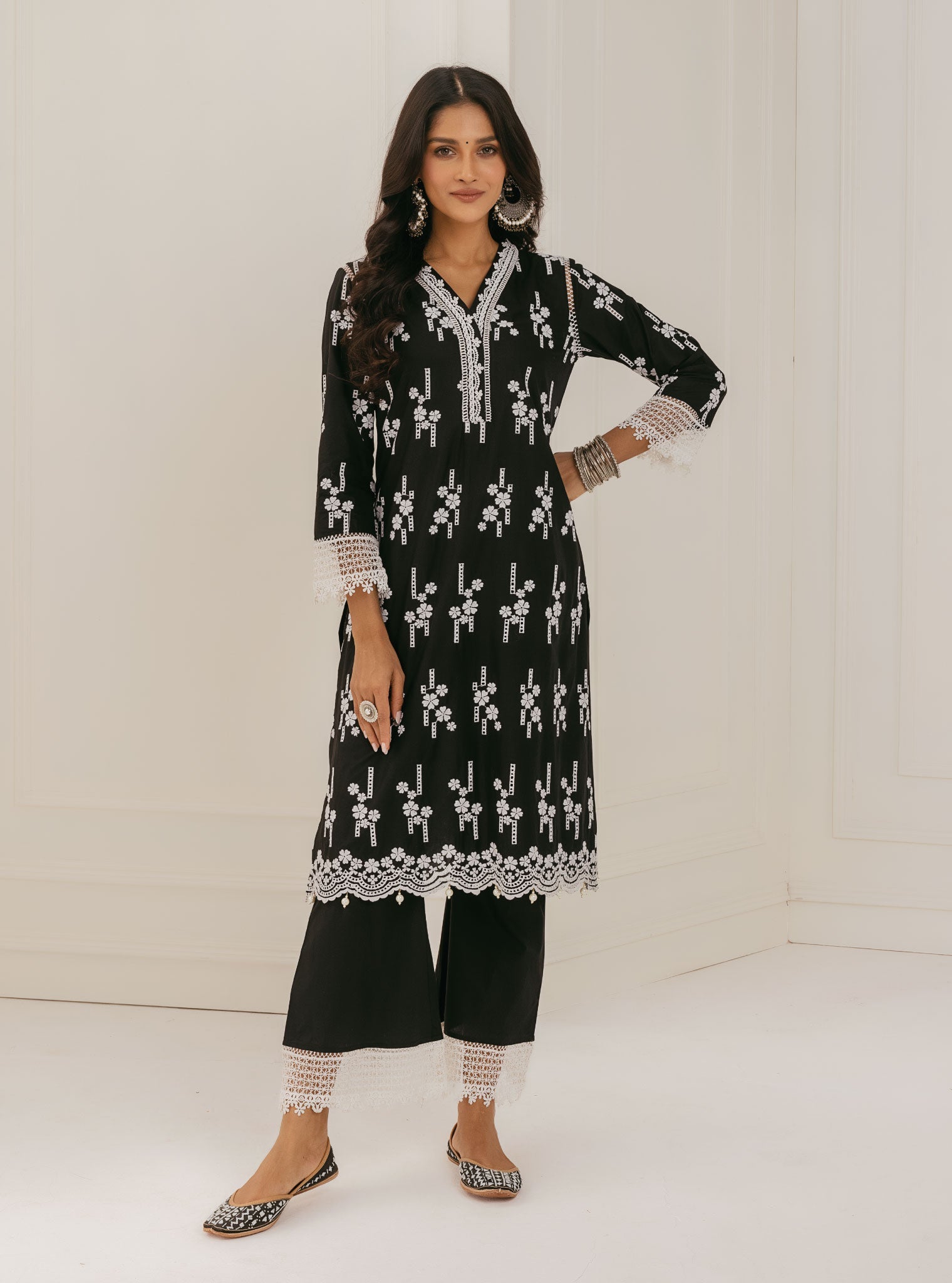 Riwa Supima Cotton Black Kurta with Palazzo Set