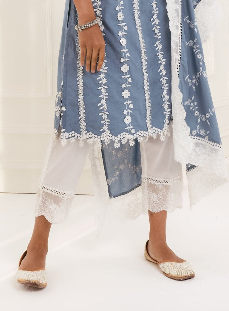 Mulmul Supima Cotton Embroidered Organza Scallop White Pant