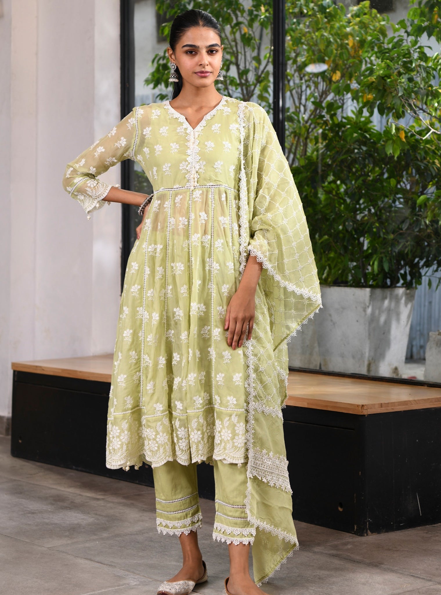Surla Organza Green Anarkali Kurta Set