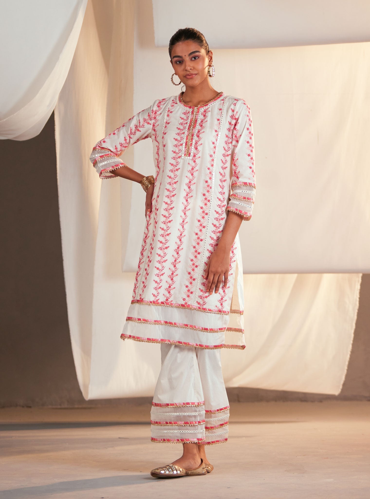 Tiana Supima Cotton Off White/Pink Kurta Set
