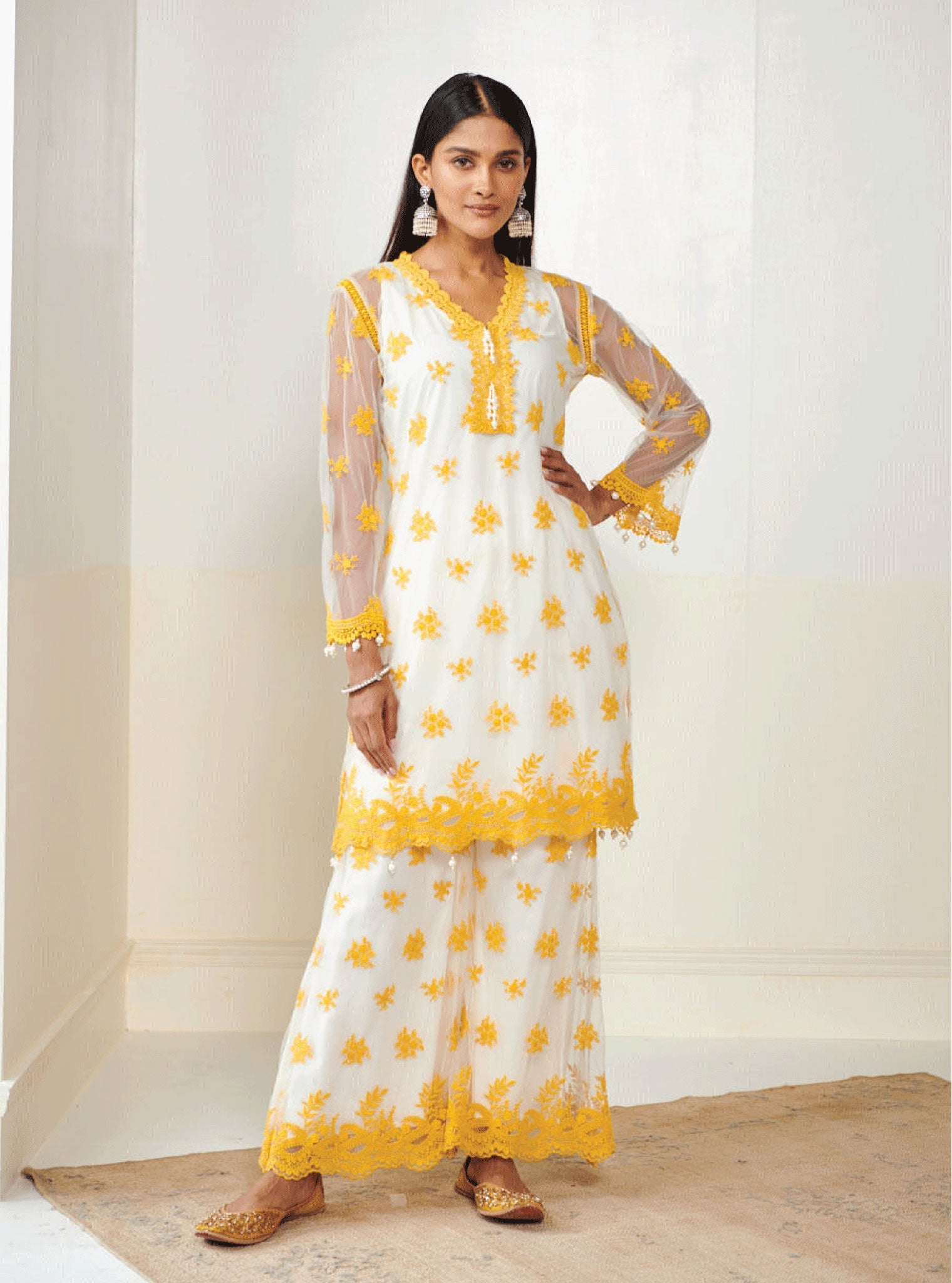 Glenn Net White Kurta with Palazzo Set