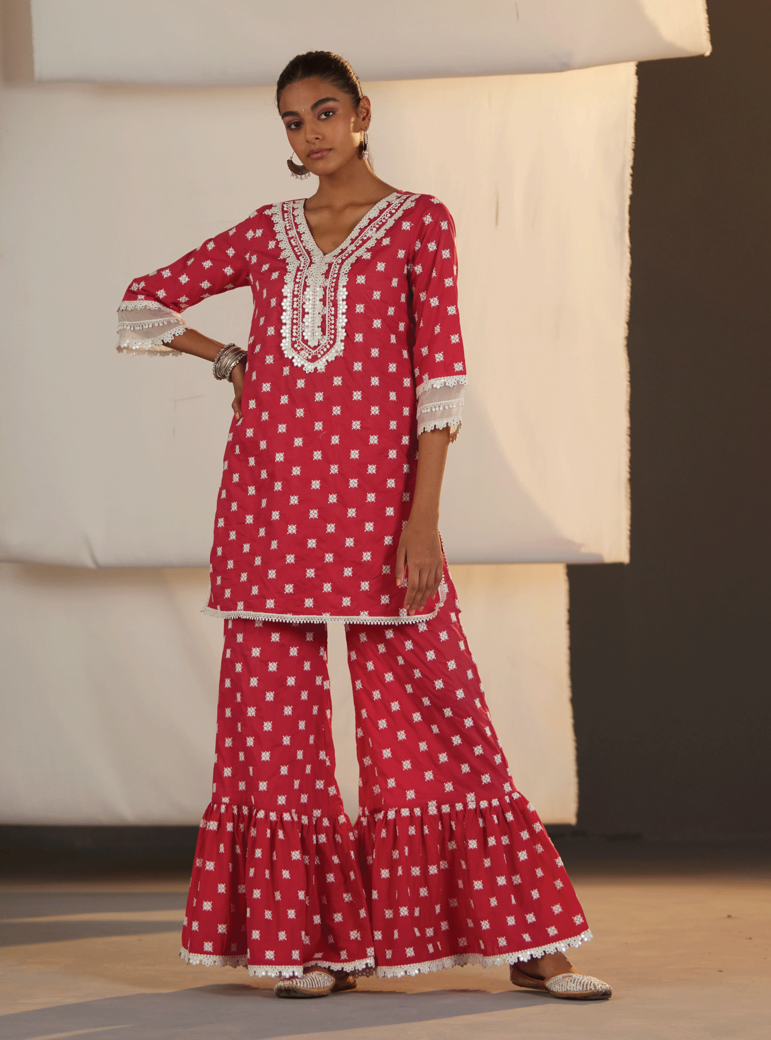 Adaline Supima Cotton Red Kurta with Garara Set