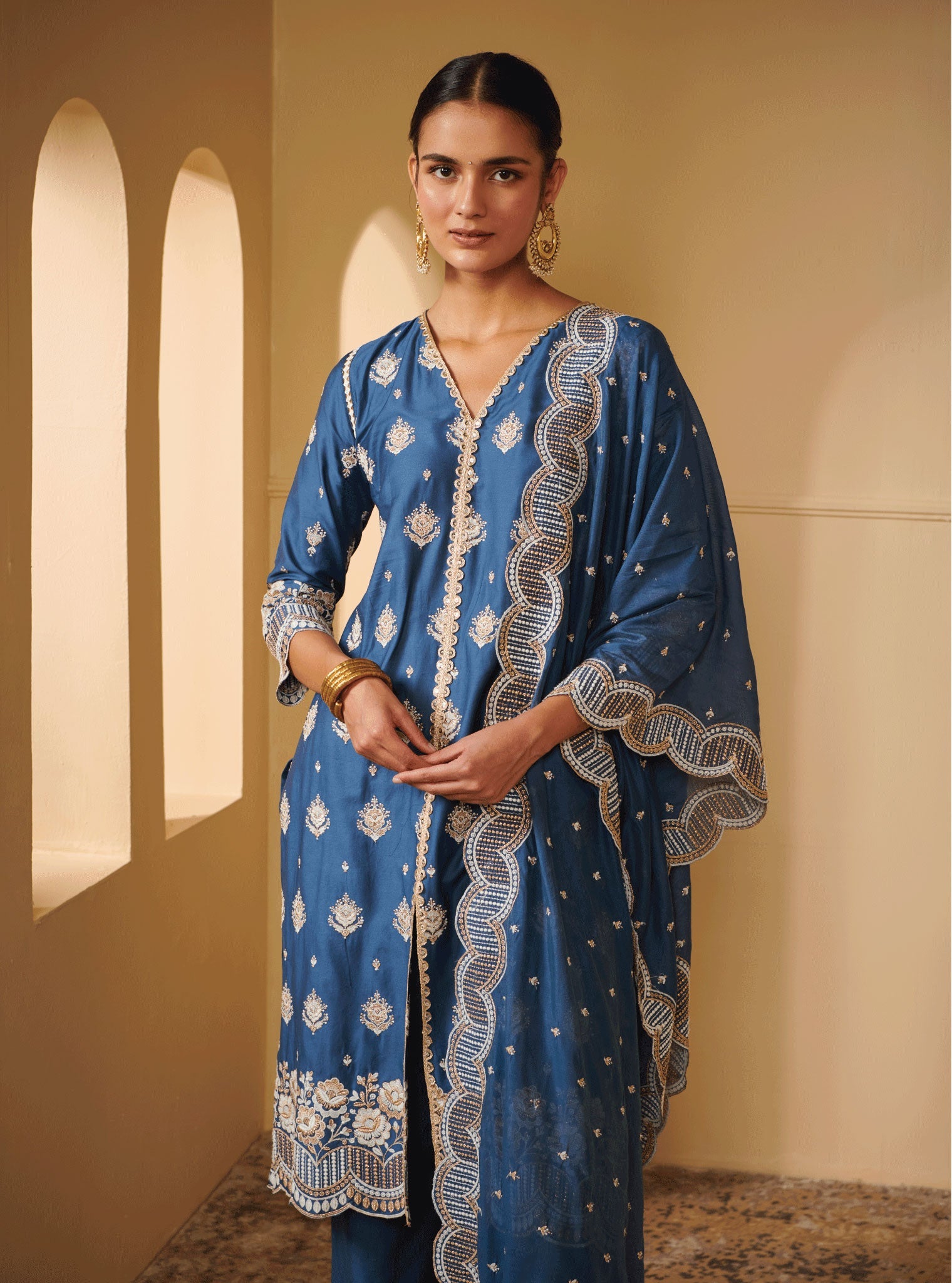 Periyar Pima Satin Navy Kurta Set