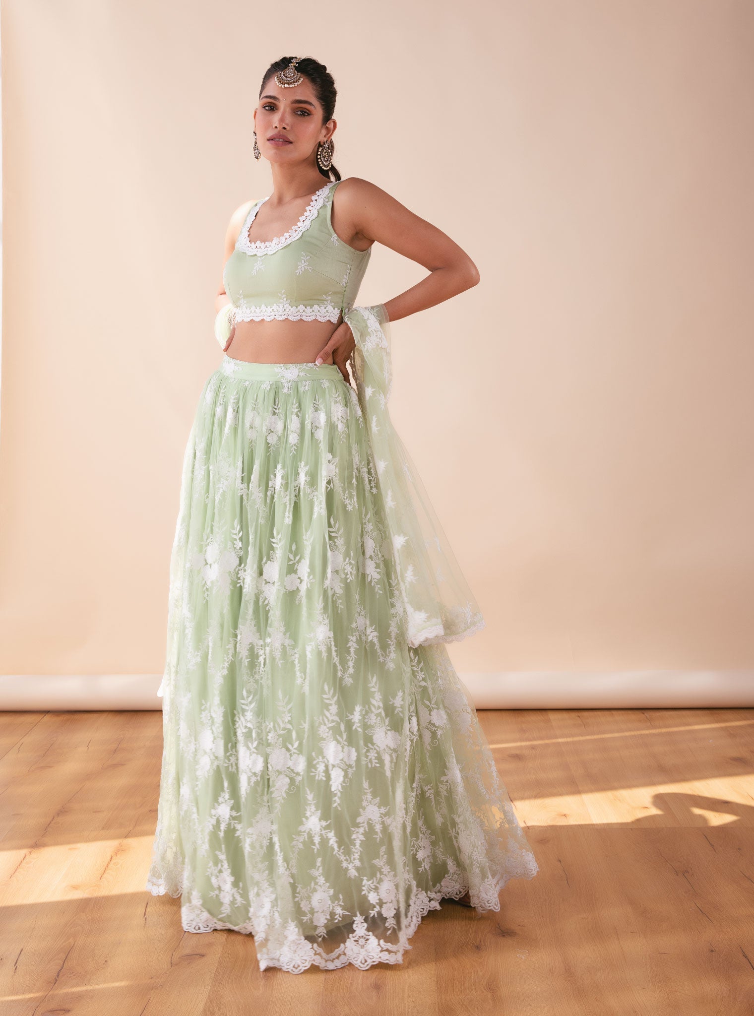 Almora Green Net Lehenga Set