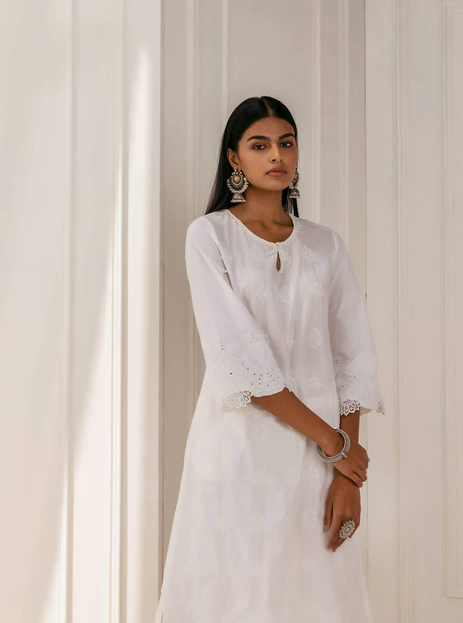 Tia Supima Cotton White Kurta with Palazzo Set