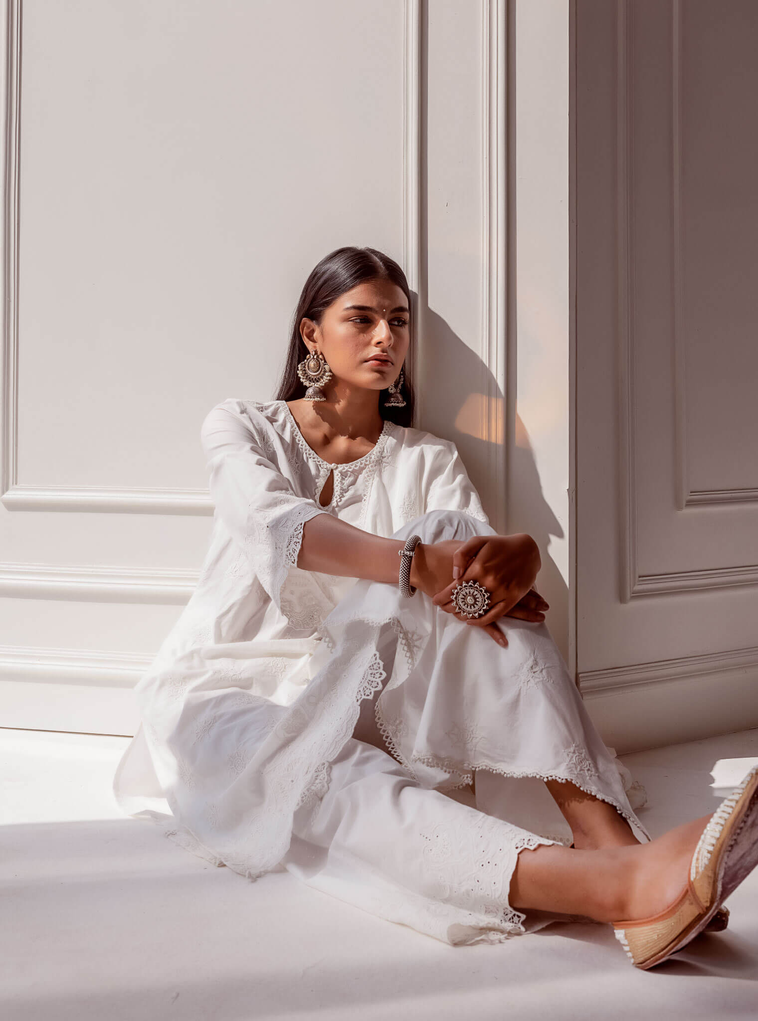 Tia Supima Cotton White Kurta with Palazzo Set