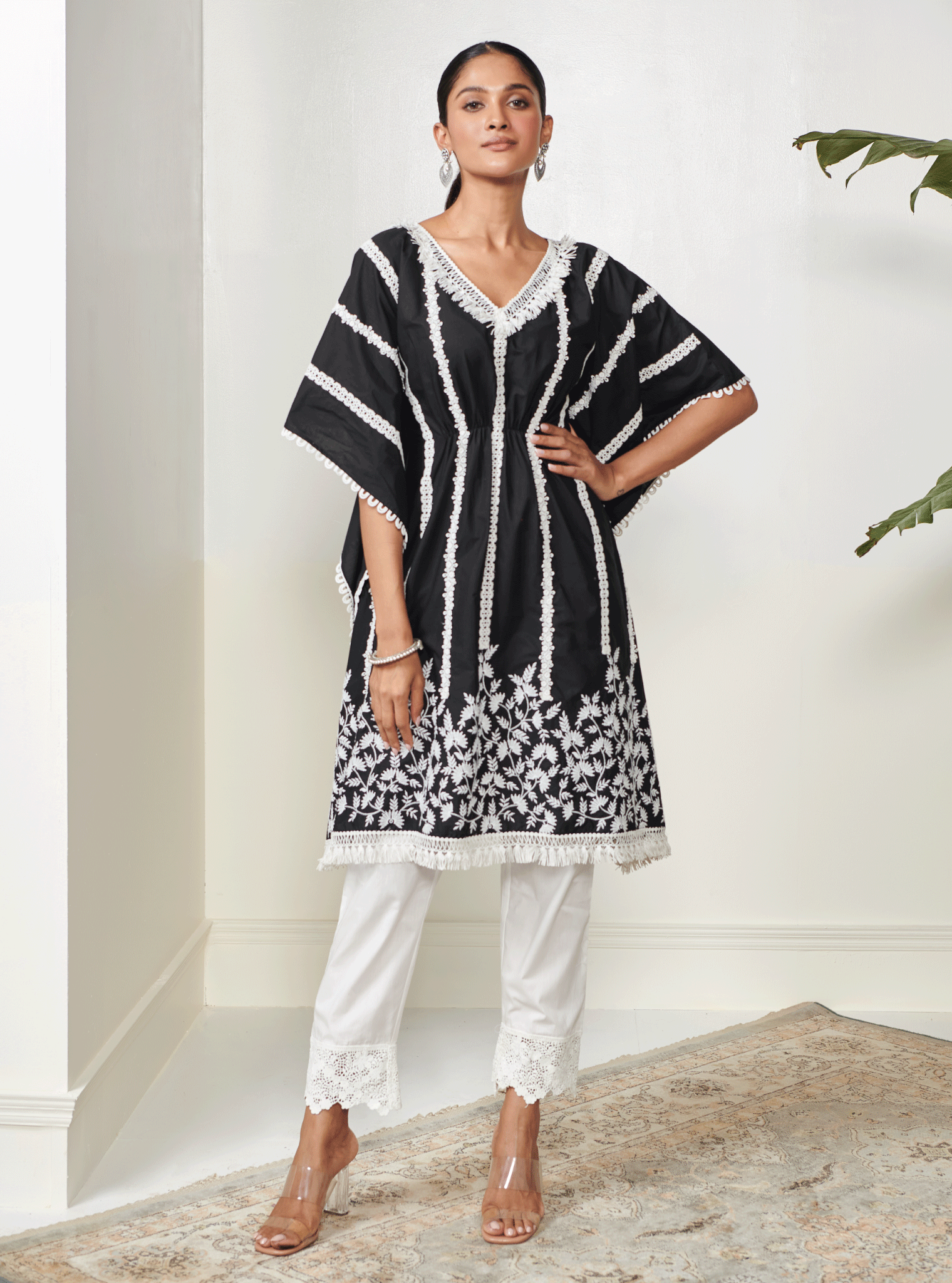 Vivian Supima Cotton Black Kaftan With Irena White Pant