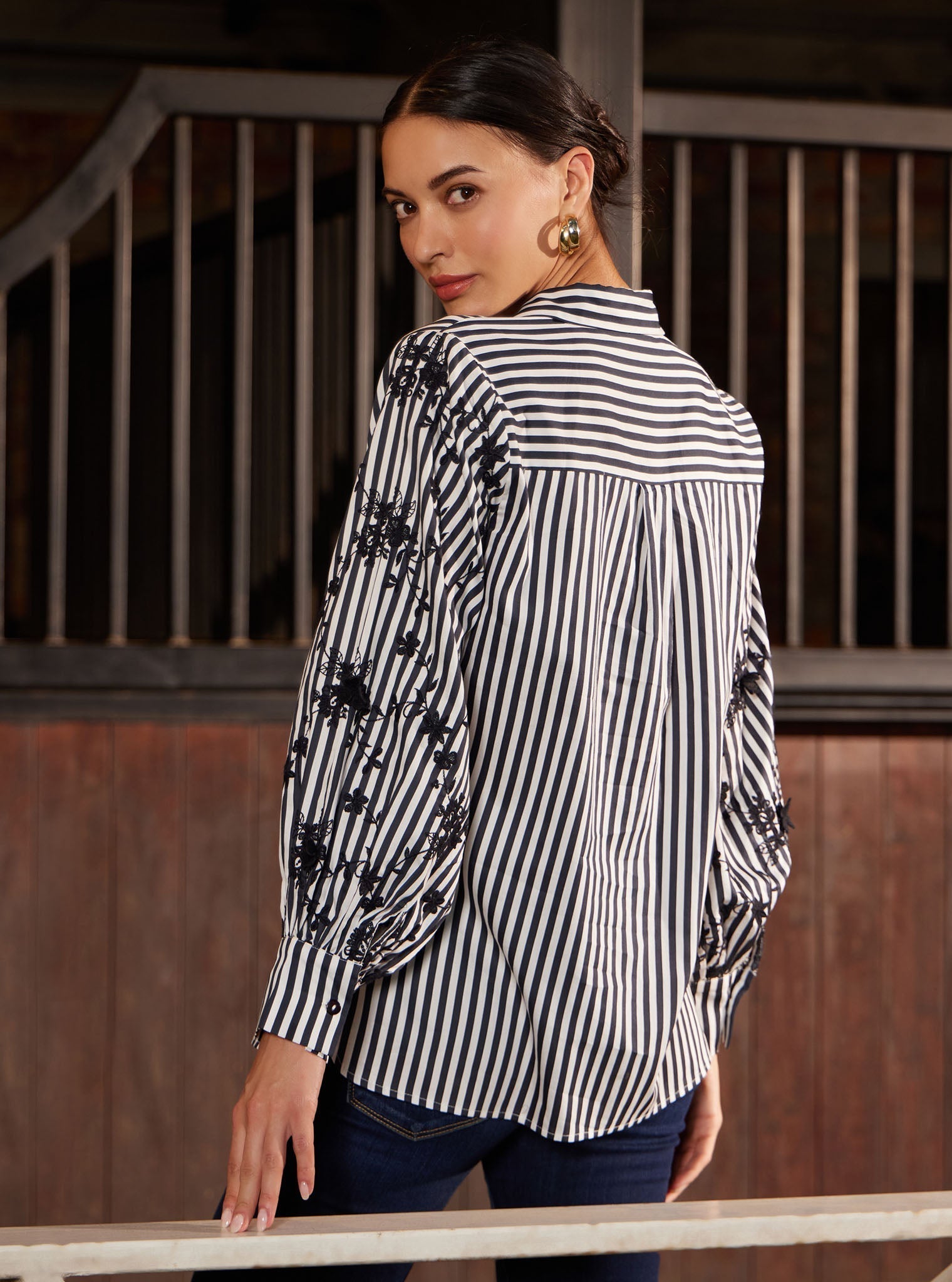 Astraea Pima Stripe Printed Black Shirt