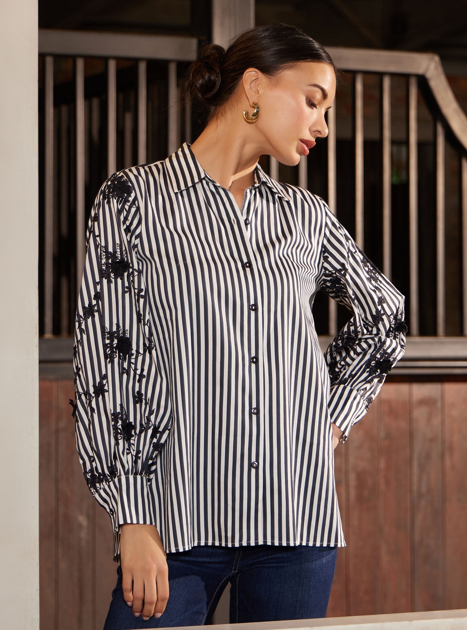 Astraea Pima Stripe Printed Black Shirt