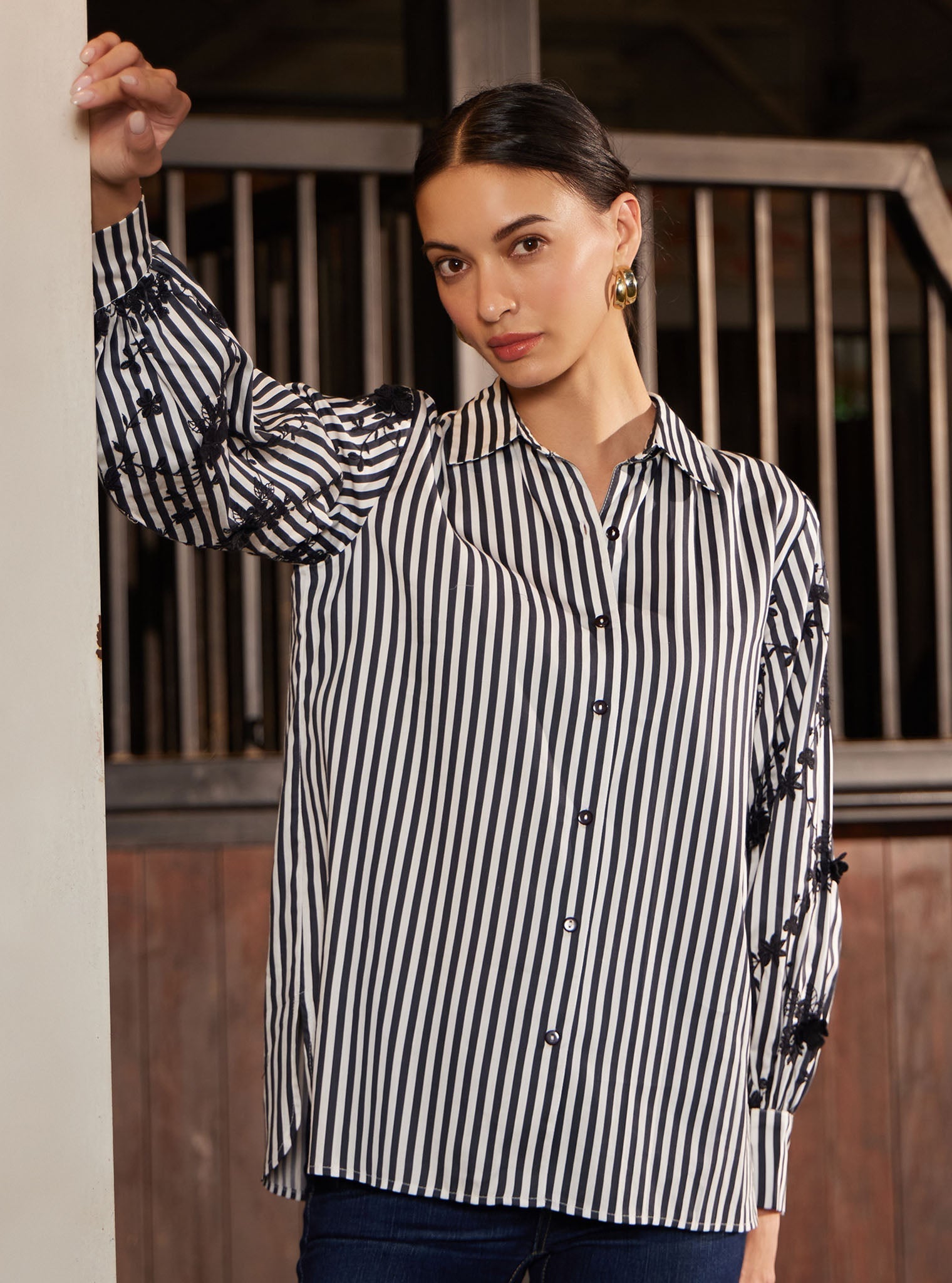 Astraea Pima Stripe Printed Black Shirt